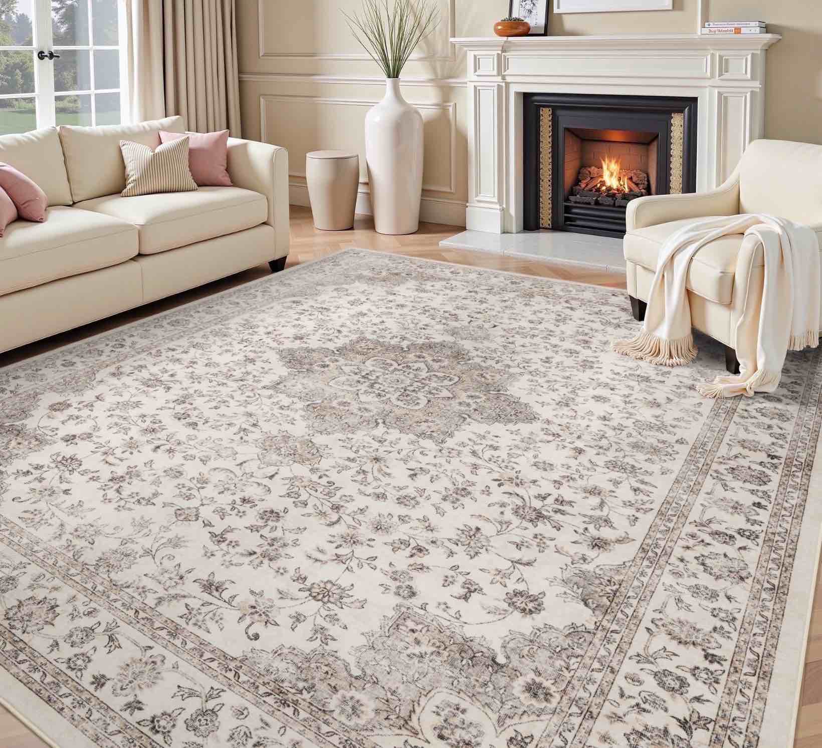 sixhome 12x15 feet washable non-slip area rug - traditional distressed vintage brown rug with retro floral design, ultra-soft indoor carpet for living room, bedroom, dining room, brown