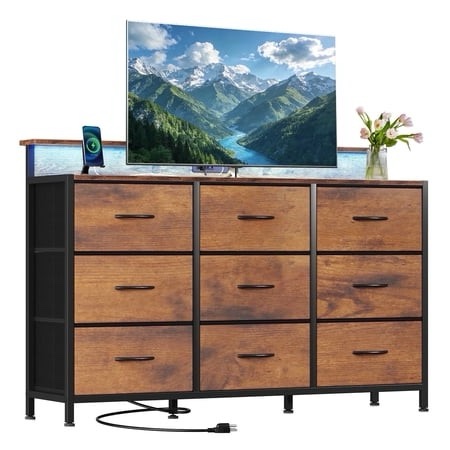 edx 9-drawer fabric dresser with power outlets & led light multifunctional tv stand storage cabinet for bedroom living room office & hallway rust