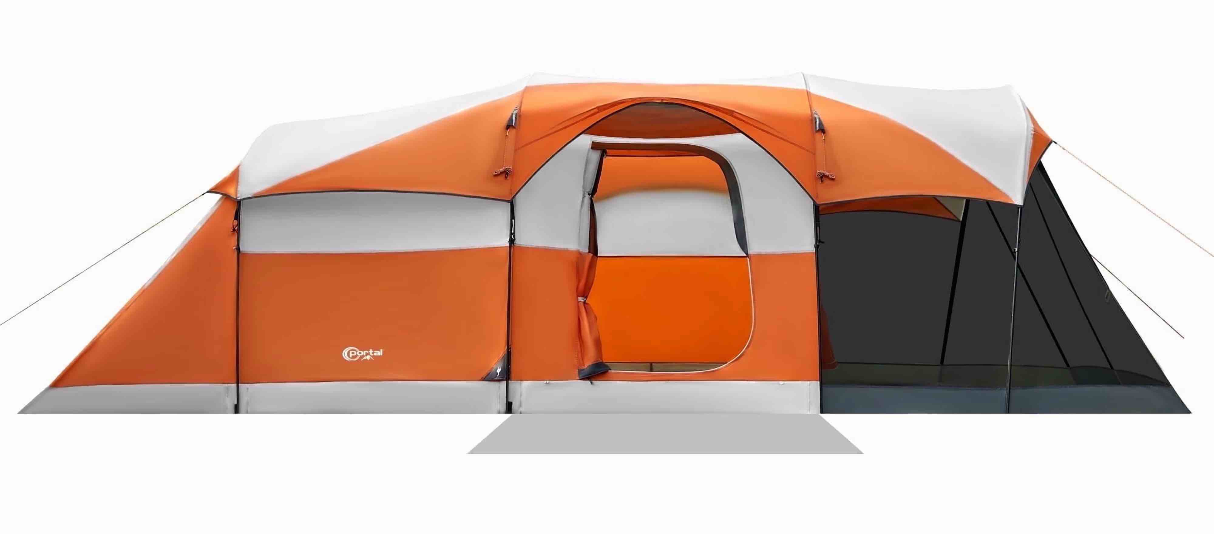 portal 8 person family camping tent, portable cabin tent with rainfly and screen porch, 20ft * 8ft * 74in, orange