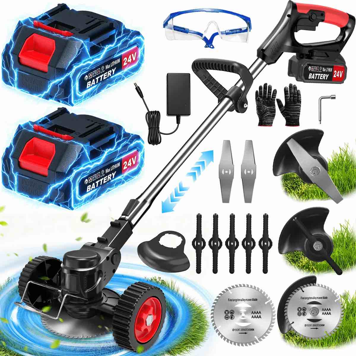 tntants electric weed wacker, cordless string trimmer with wheels, 2pcs 24v batteries, 3 types of blades, adjustable length, weed eater grass trimmer/edger/brush cutter for lawn yard garden (black)