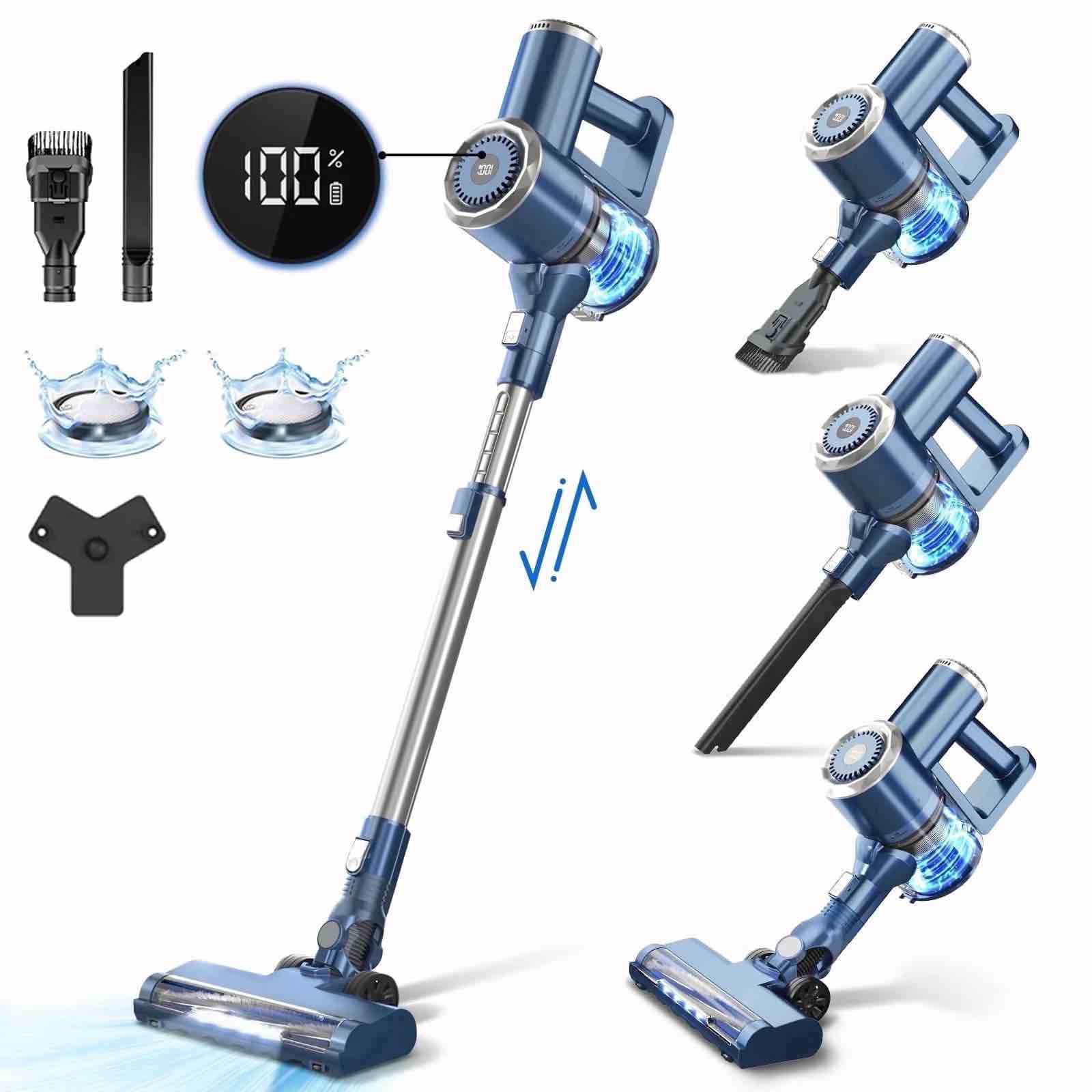 prettycare cordless stick vacuum cleaner, 38kpa 50mins 2600mah 6-in-1 lightweight upright for carpet hard floor pet hair w200 upgraded