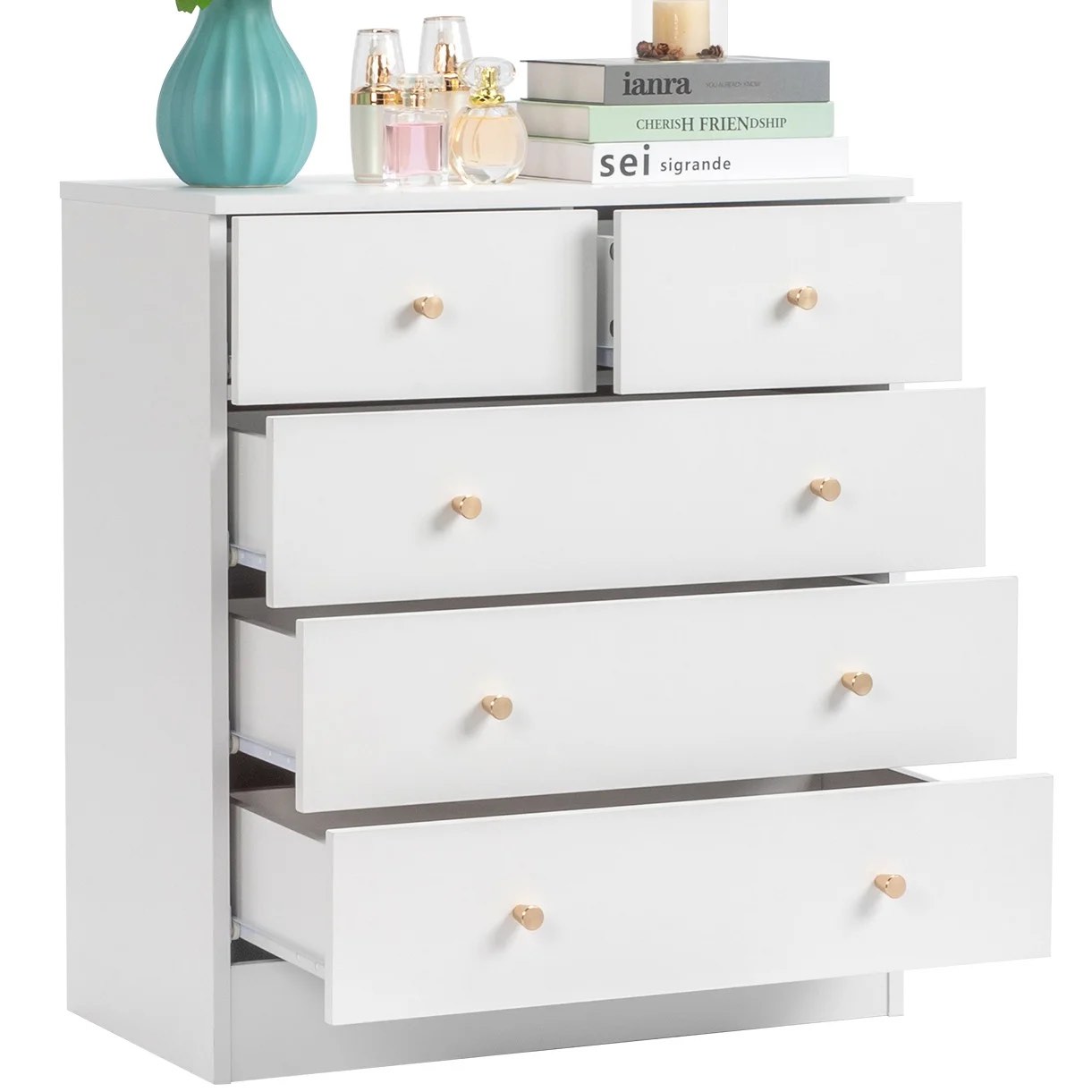 ubesgoo 5 drawer wood dresser for bedroom chest of drawers storage organization unit for clothing white