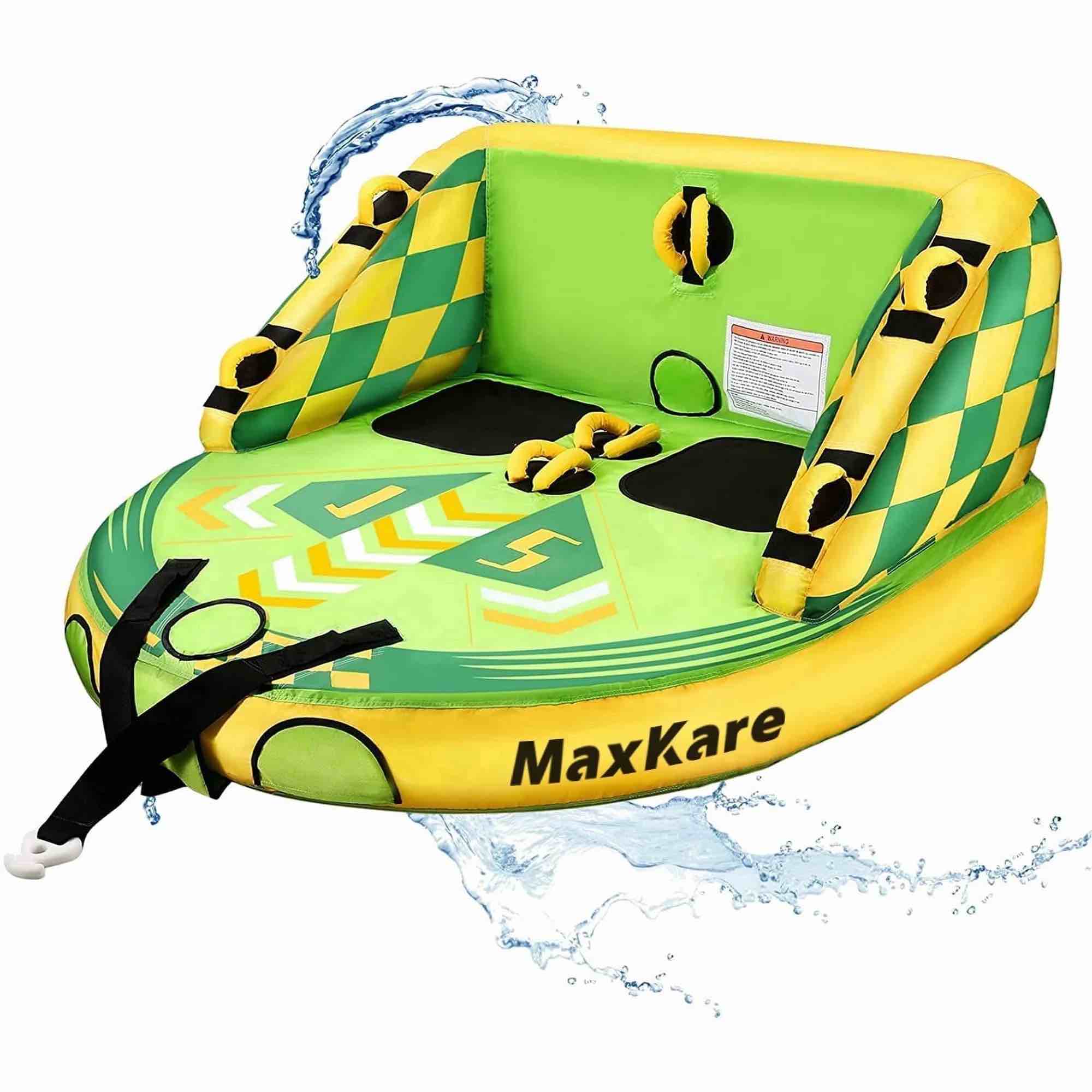 maxkare inflatable towable tube for boating waterskiing with eva foam seat pads  towables for 1-2 person  green