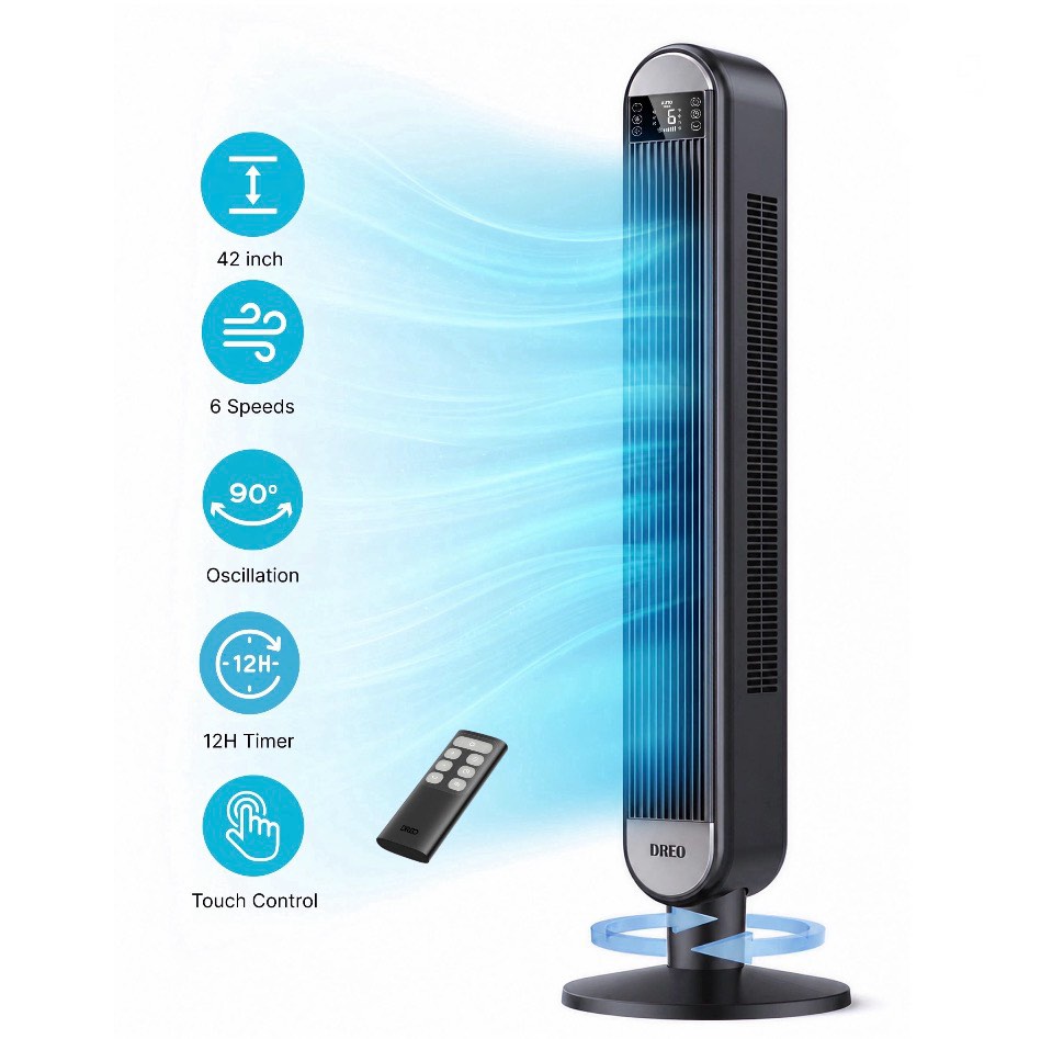 dreo 42  tower fans for home  standing bladeless fan with remote  90° oscillating fan with led display  12h timer  6 speeds  4 modes  26 ft/s high velocity  ultra quiet bedroom fans
