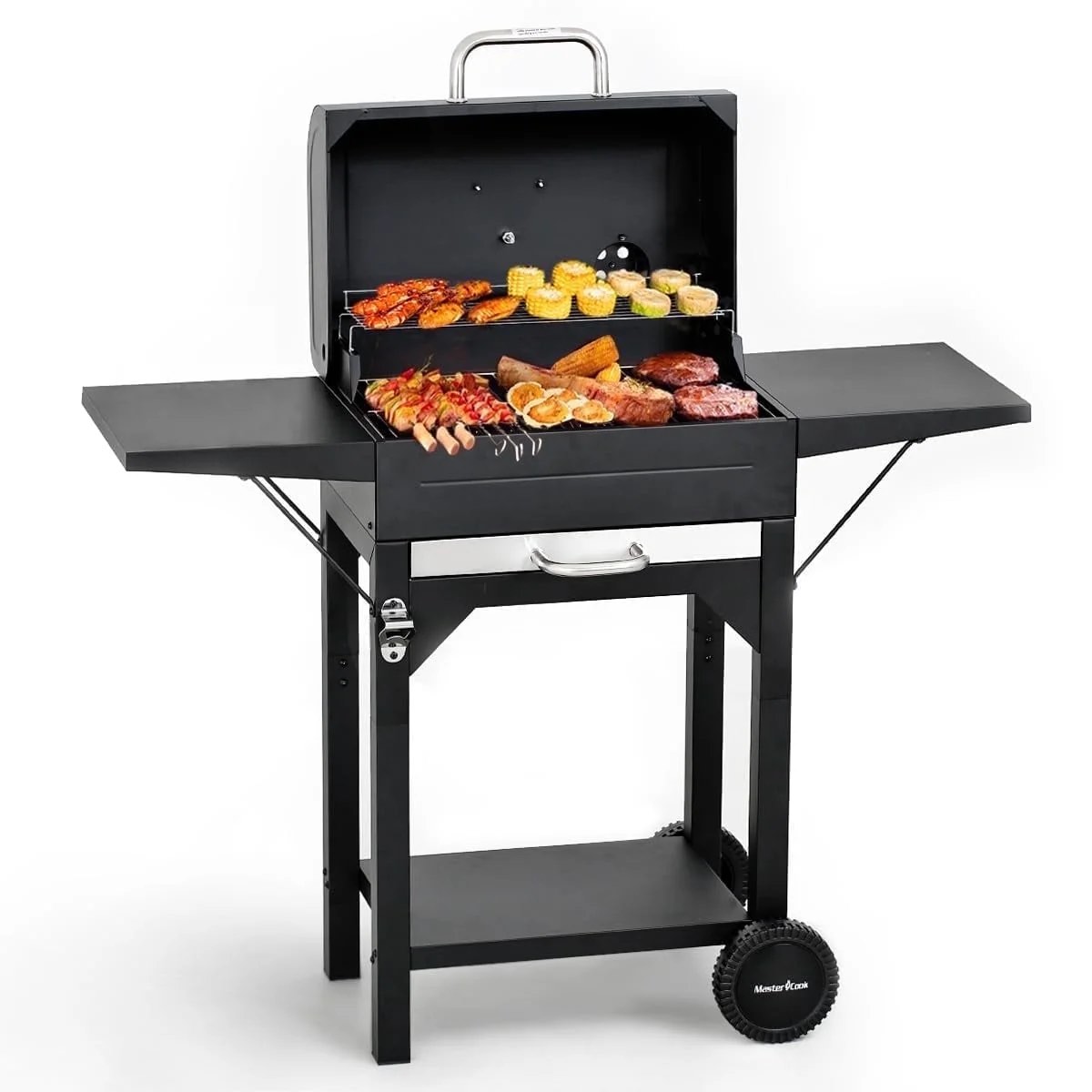 master cook charcoal grill with two side tables, bbq grill for outdoor picnic backyard patio and parties, black