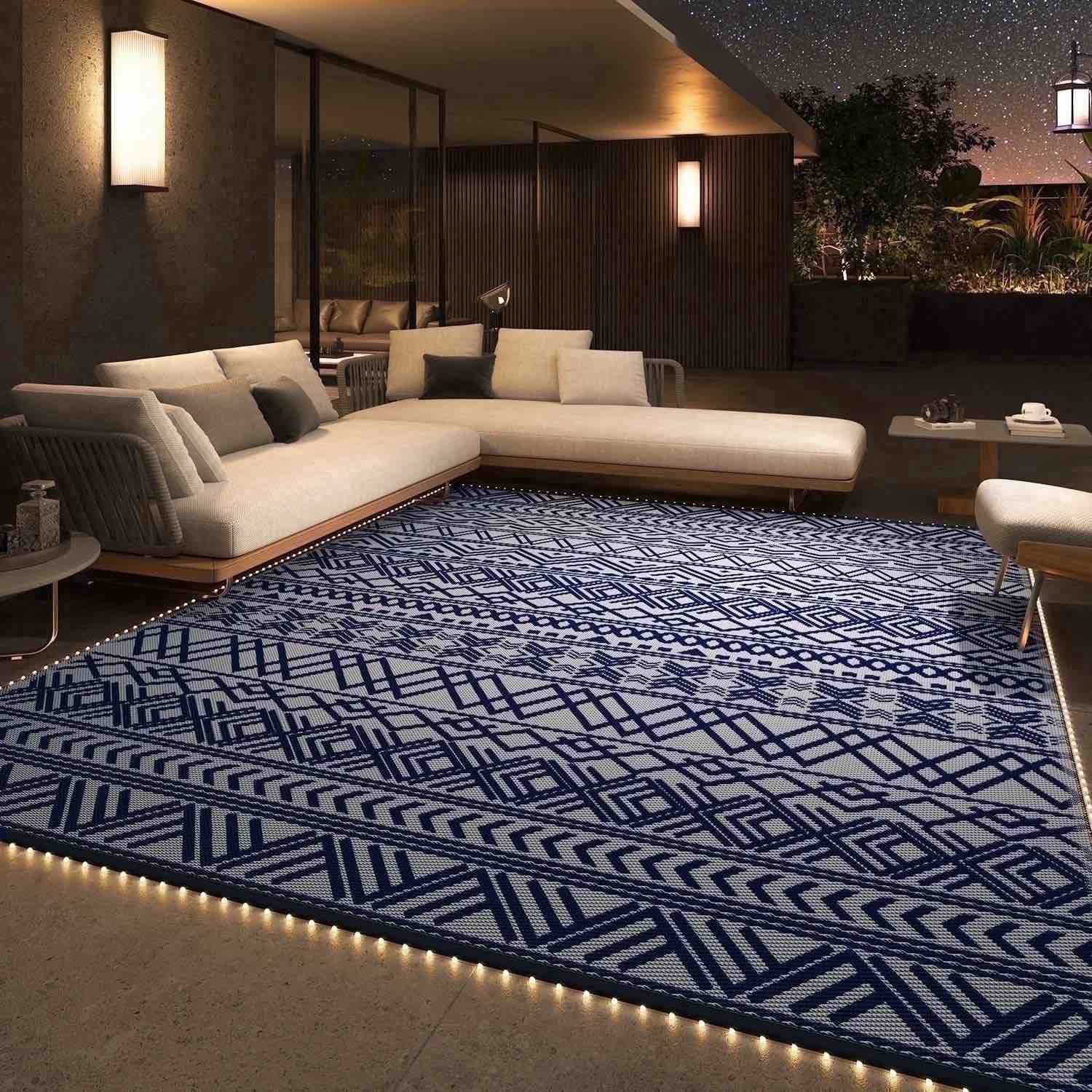 sixhome outdoor rug 8 x10 waterproof reversible patio rug boho geometric indoor outdoor rugs lightweight plastic straw rug for rv camping deck balcony modern porch decor blue