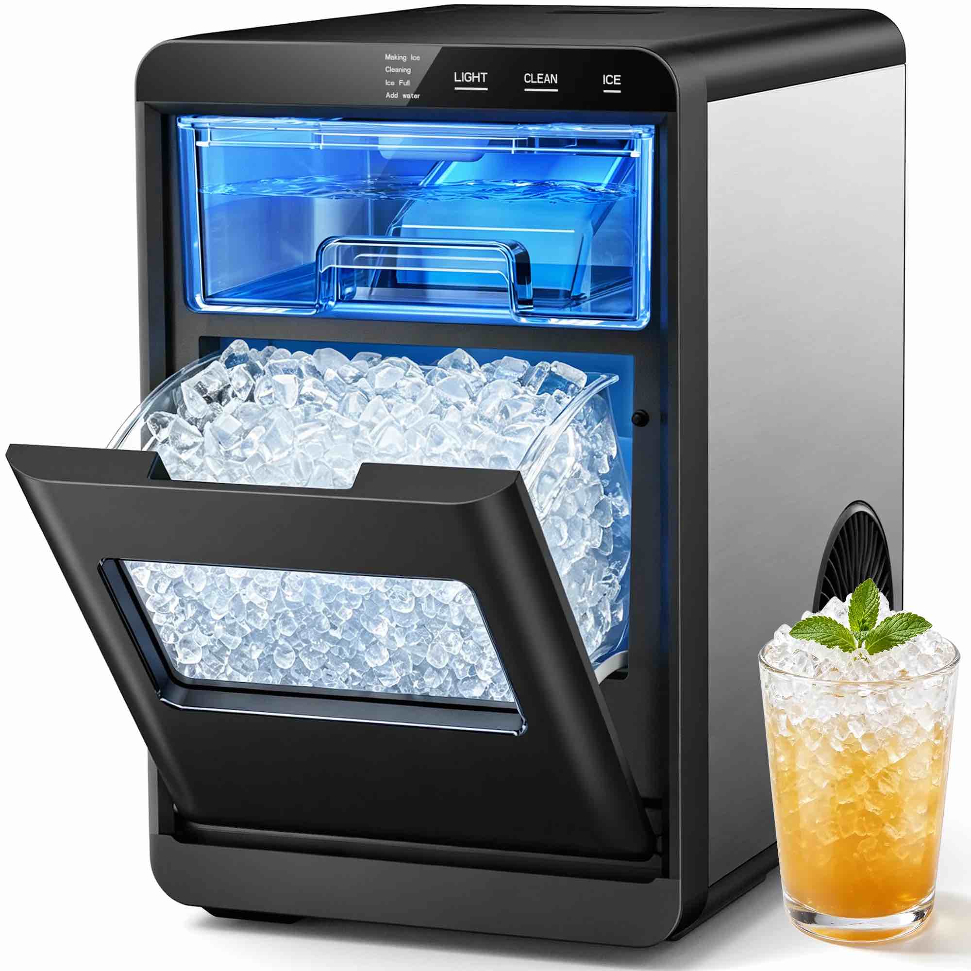 snowyermine nugget ice maker countertop, 44 lbs per day, soft, chewable sonic-style pebble ice, one-touch self-cleaning, stainless steel, black, for home, kitchen, office, rv and camping