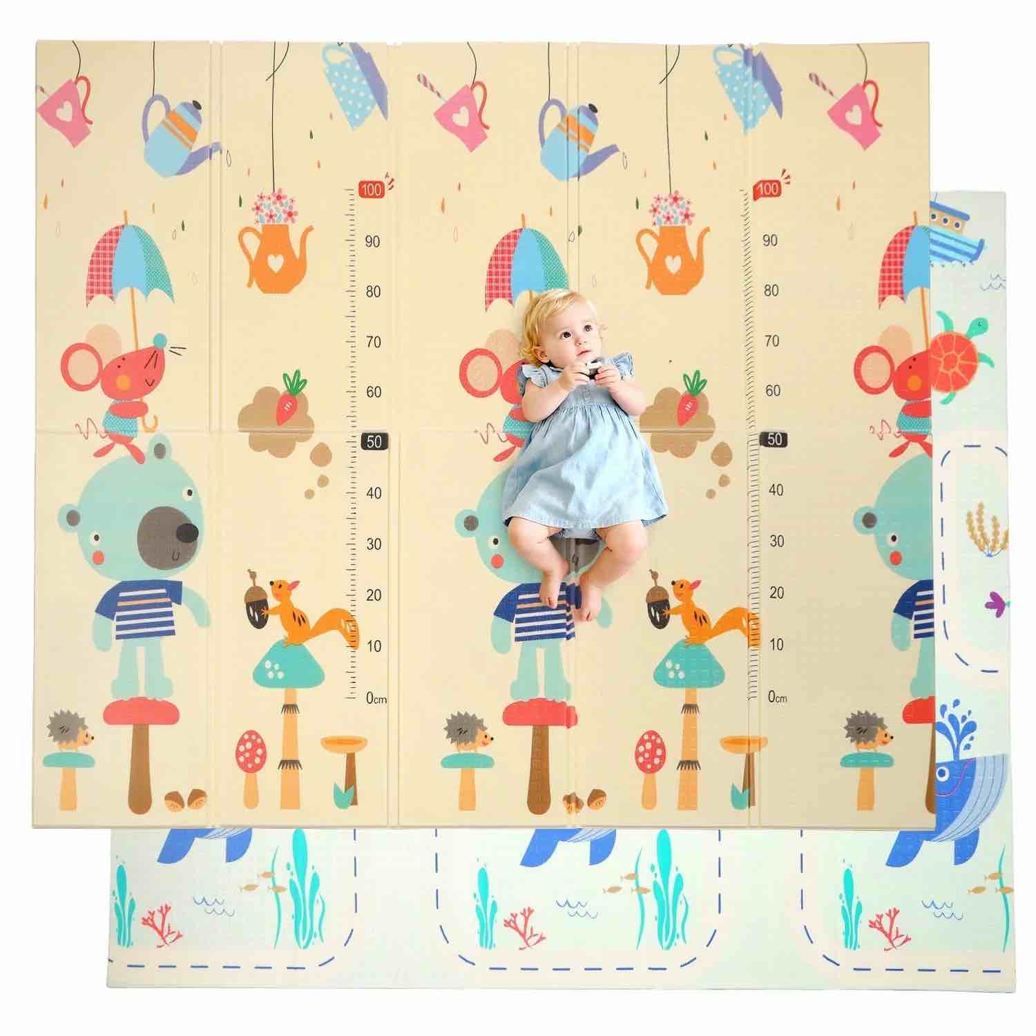 joystone baby play mat, 78" x 70" extra large reversible foam play mat, non-toxic foldable animal print waterproof crawl mat for toddlers and babies