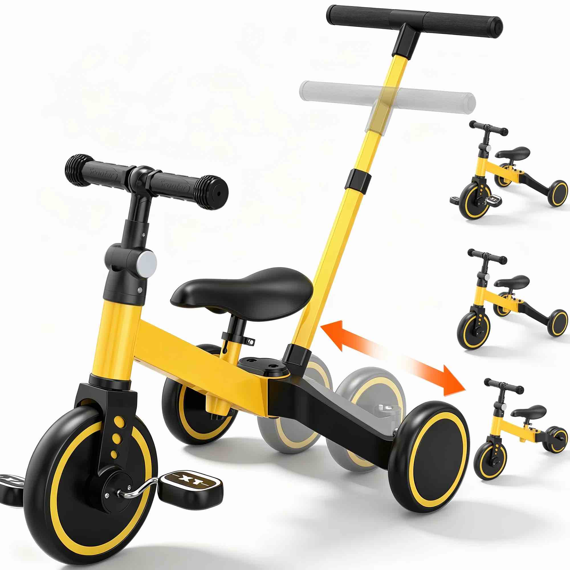 tntants 4 in 1 toddler bike, kids tricycle for 1-5 years old, toddler tricycle for boy girl, baby balance bike with parent steering push handle, removable pedal, adjustable seat yellow