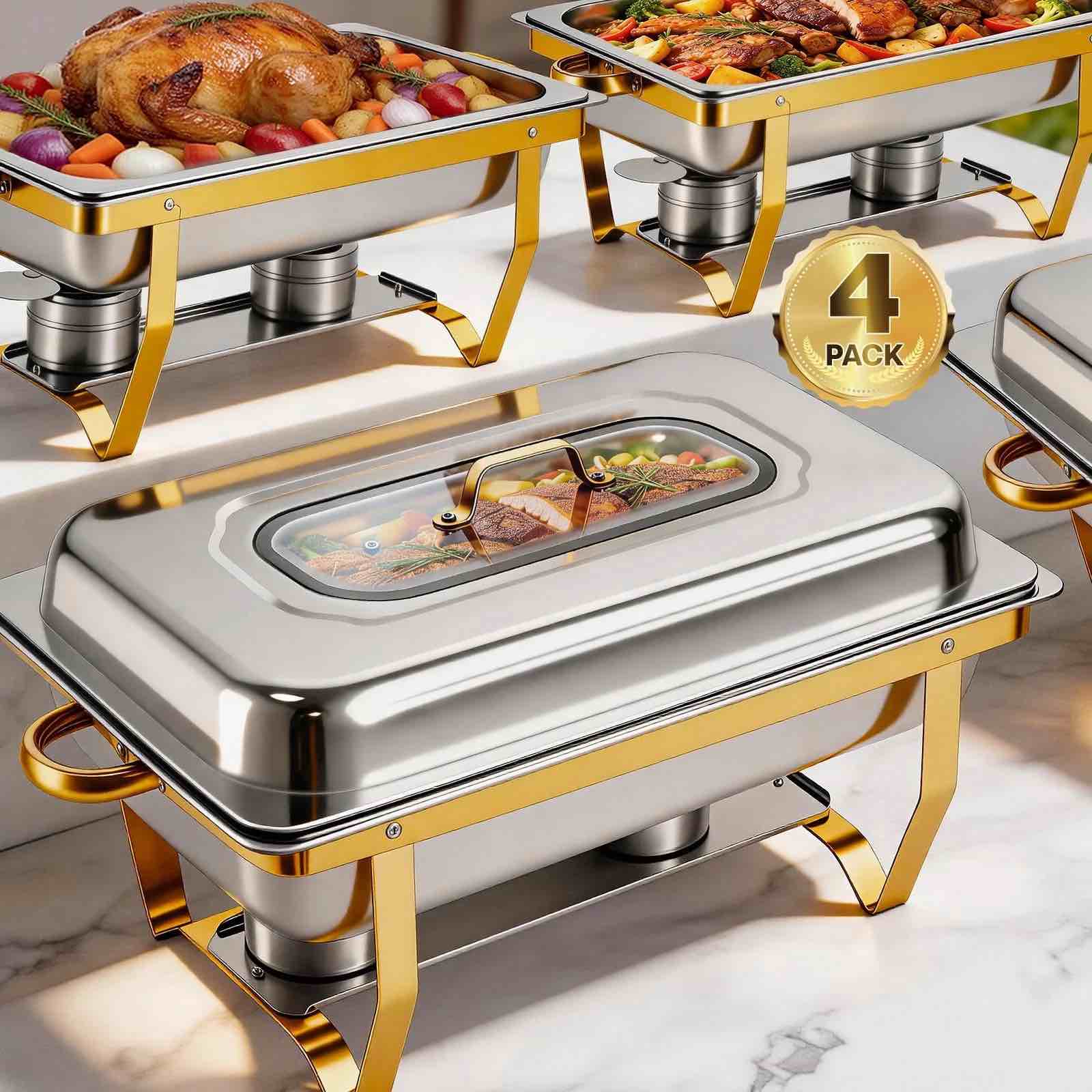 chafing dish buffet set 4pack  9qt rectangular stainless steel chafer and buffet warmer sets for hotel catering  parties  weddings(gold)