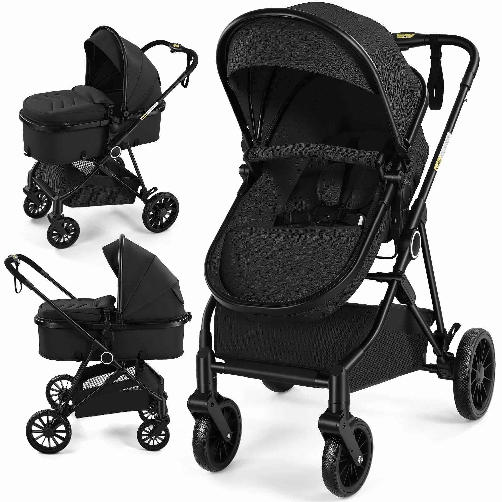 vomeast baby stroller, foldable lightweight travel stroller, reversible seat, 5-point harness, adjustable canopy, black