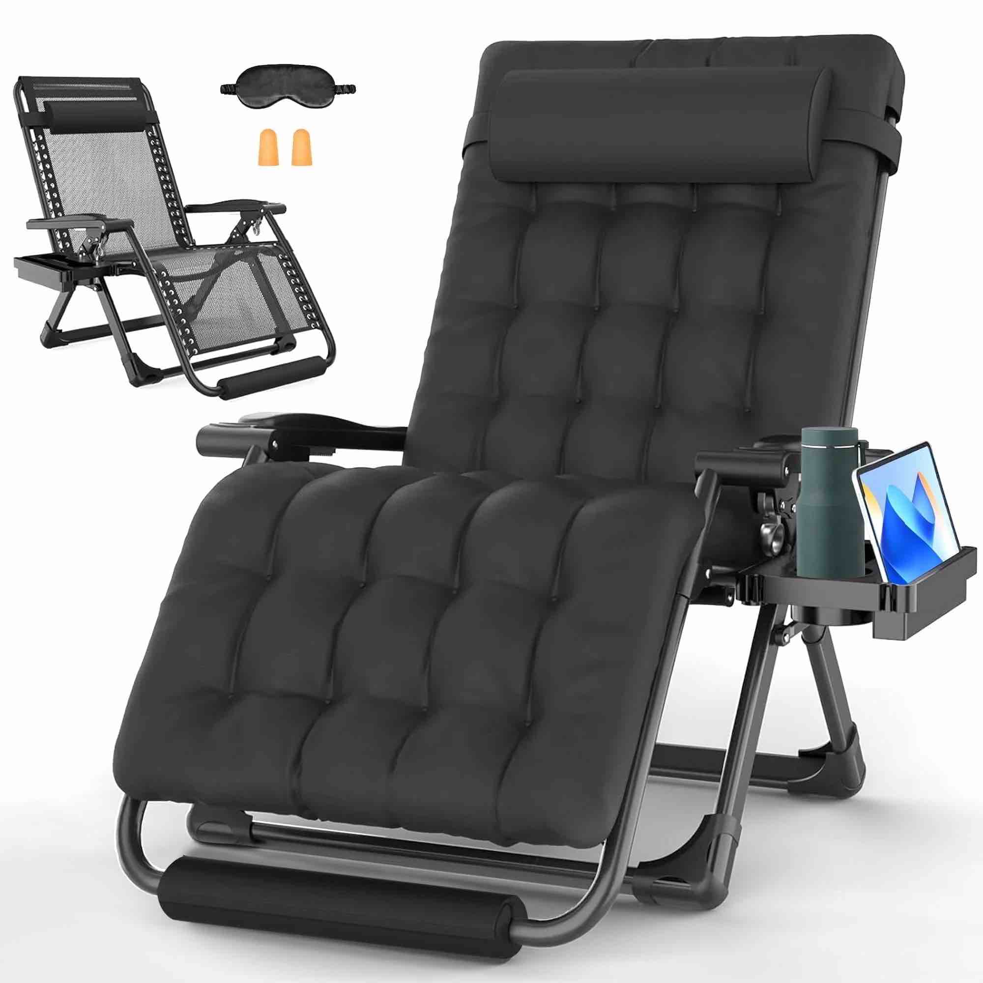 gvdv oversized zero gravity chair, 33in xxl lounge chair 500lbs capcity with removable thick cushion, lawn patio reclining chair upgraded alloy lock and cup holder, for indoor outdoor, black
