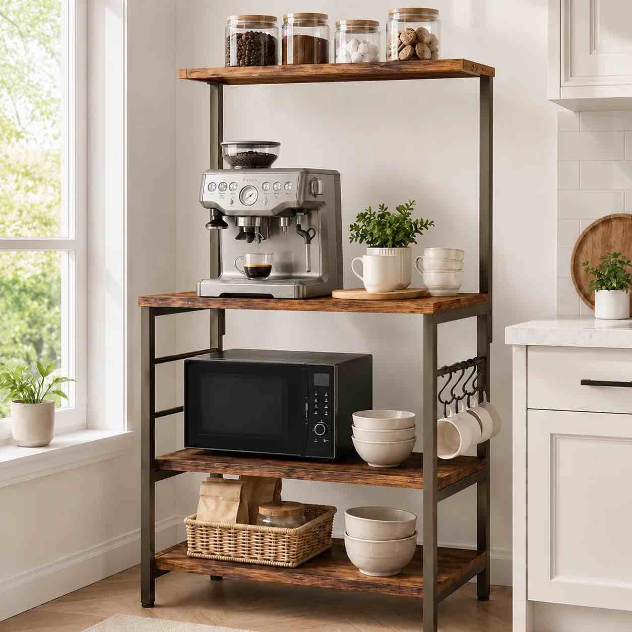 cheflaud kitchen baker s rack storage shelf microwave cart oven stand coffee bar with side hooks 4 tier shelves(rustic brown)