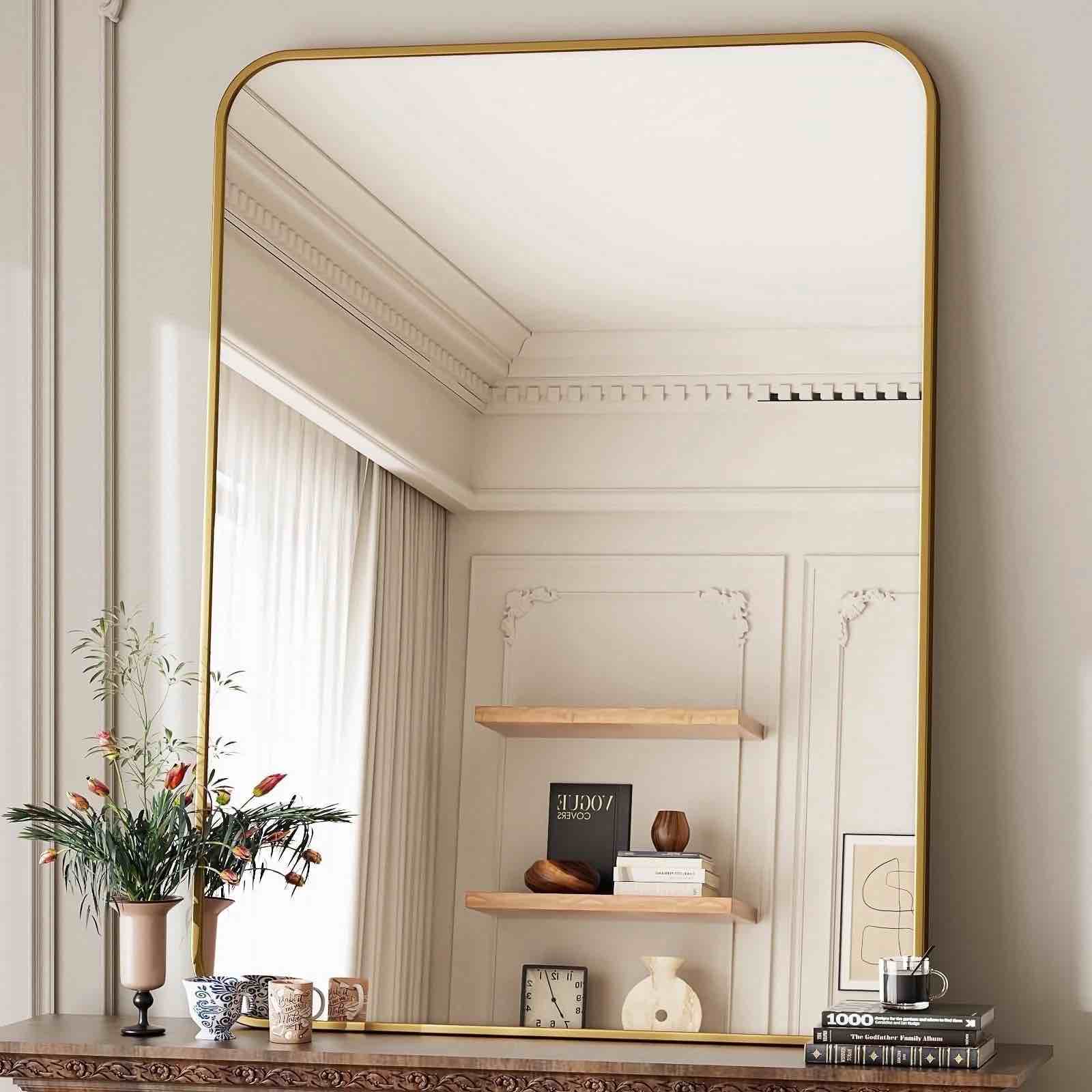 beautypeak 30"x40" wall mirror rounded corners hanging vanity mirror gold 30" x 40"