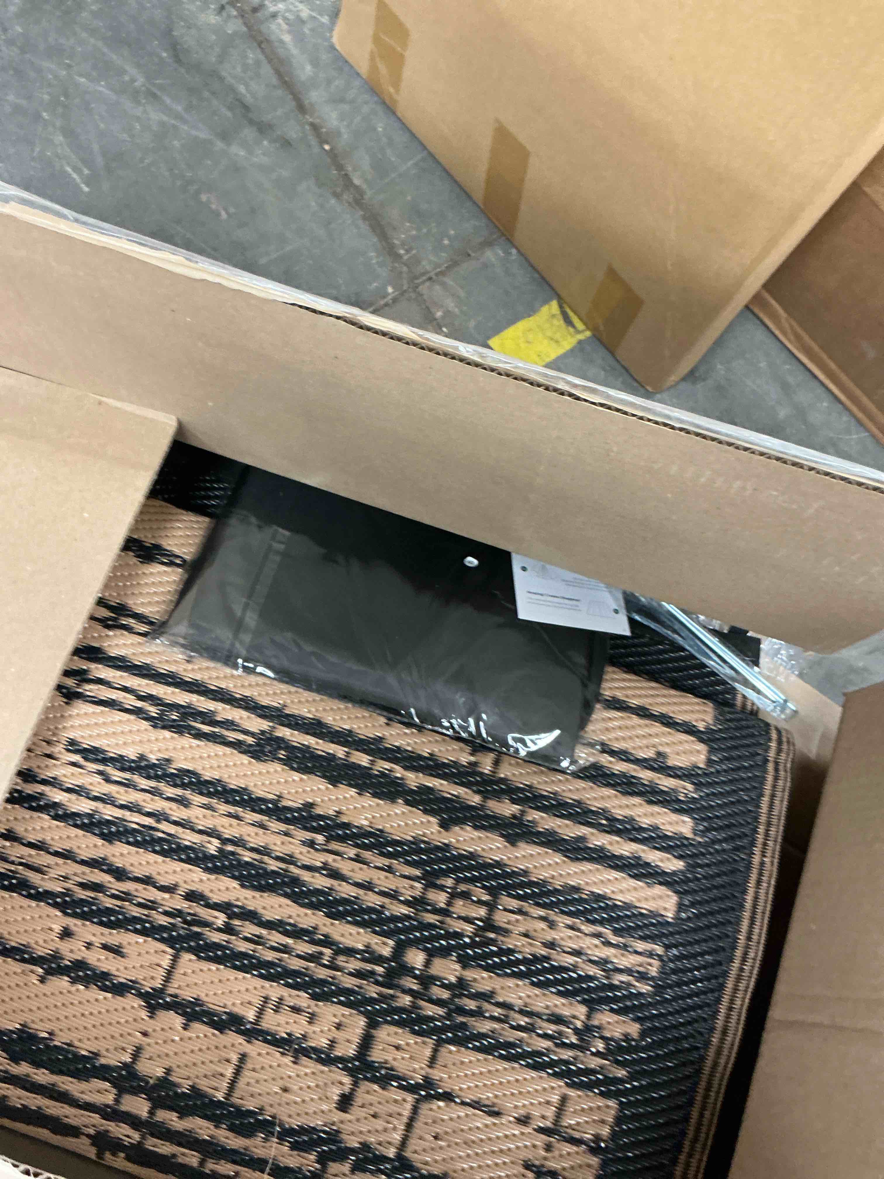 Condition photo showing Good Condition for vunate outdoor rug carpet 10'x14' waterproof reversible patio rug portable modern abstract indoor outdoor rug plastic straw rug for rv camping garden picnic deck backyard porch decor black and brown