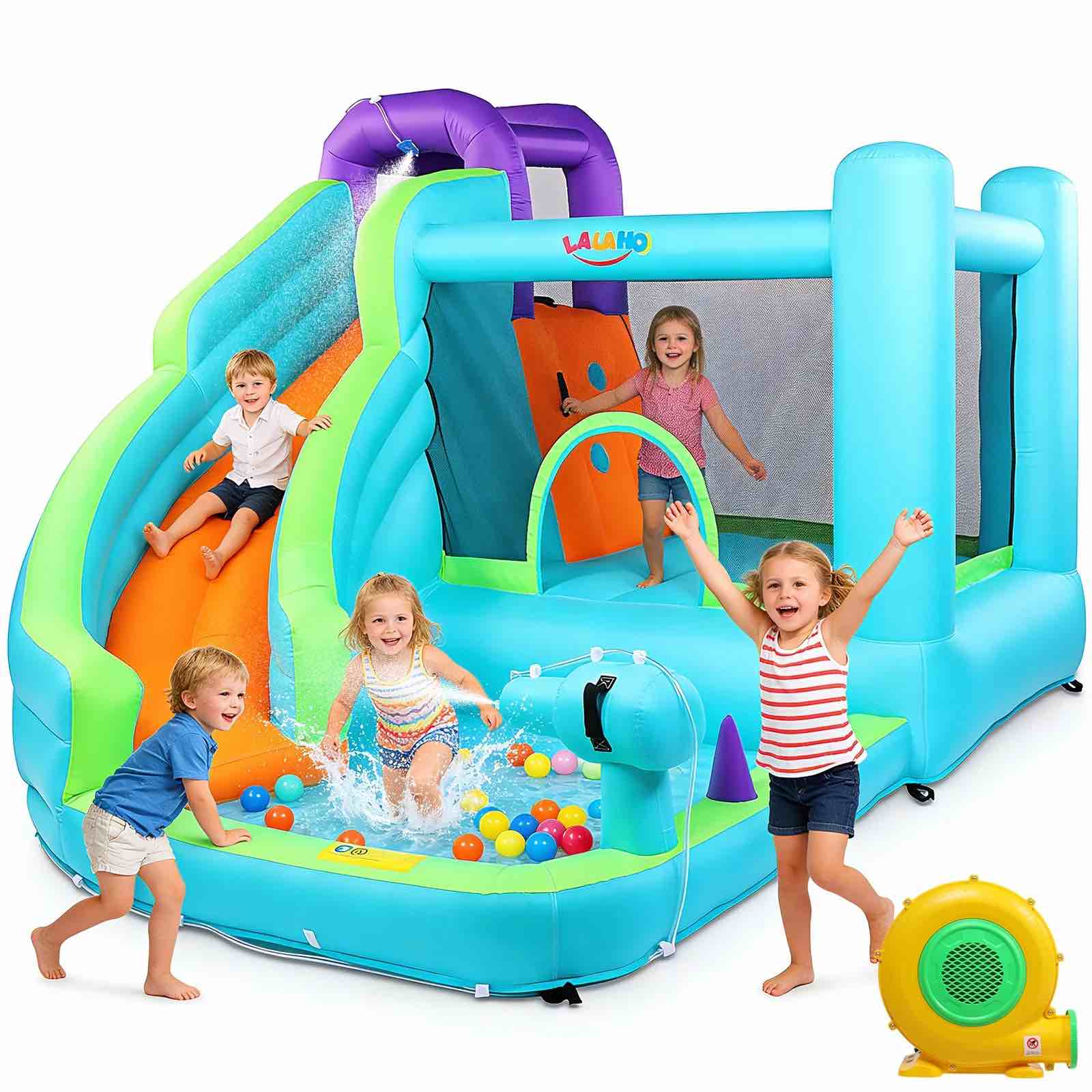 ktaxon 7-in-1 inflatable water slide bounce house with blower 147 x 118 x 87 curved slide water park w/ splash pool bounce area & climbing wall kids backyard