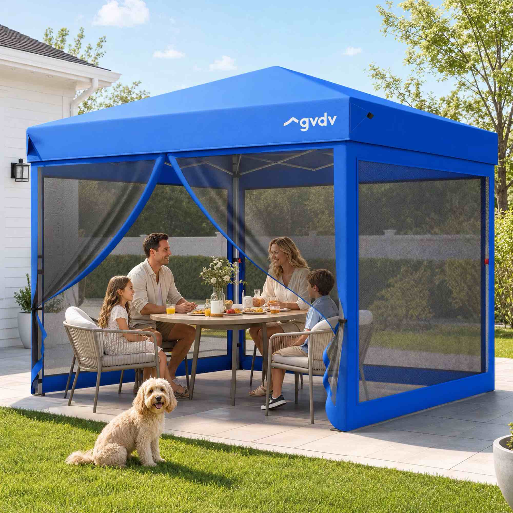 GVDV 10x10ft Easy Pop-Up Canopy, Outdoor Screen Tent with Mosquito Netting, 2 Zipper Doors, and Carry Bag for Yard Camping Picnic Party Events, Blue