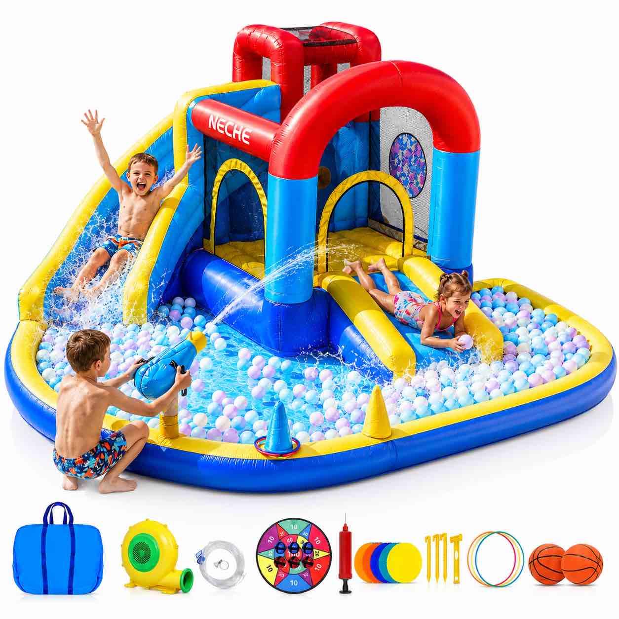 Neche Inflatable Water Slide 106.59 x105.77 x54.78 Large Bounce House Indoor/Outdoor Kids Bouncy Castle with 370W Blower