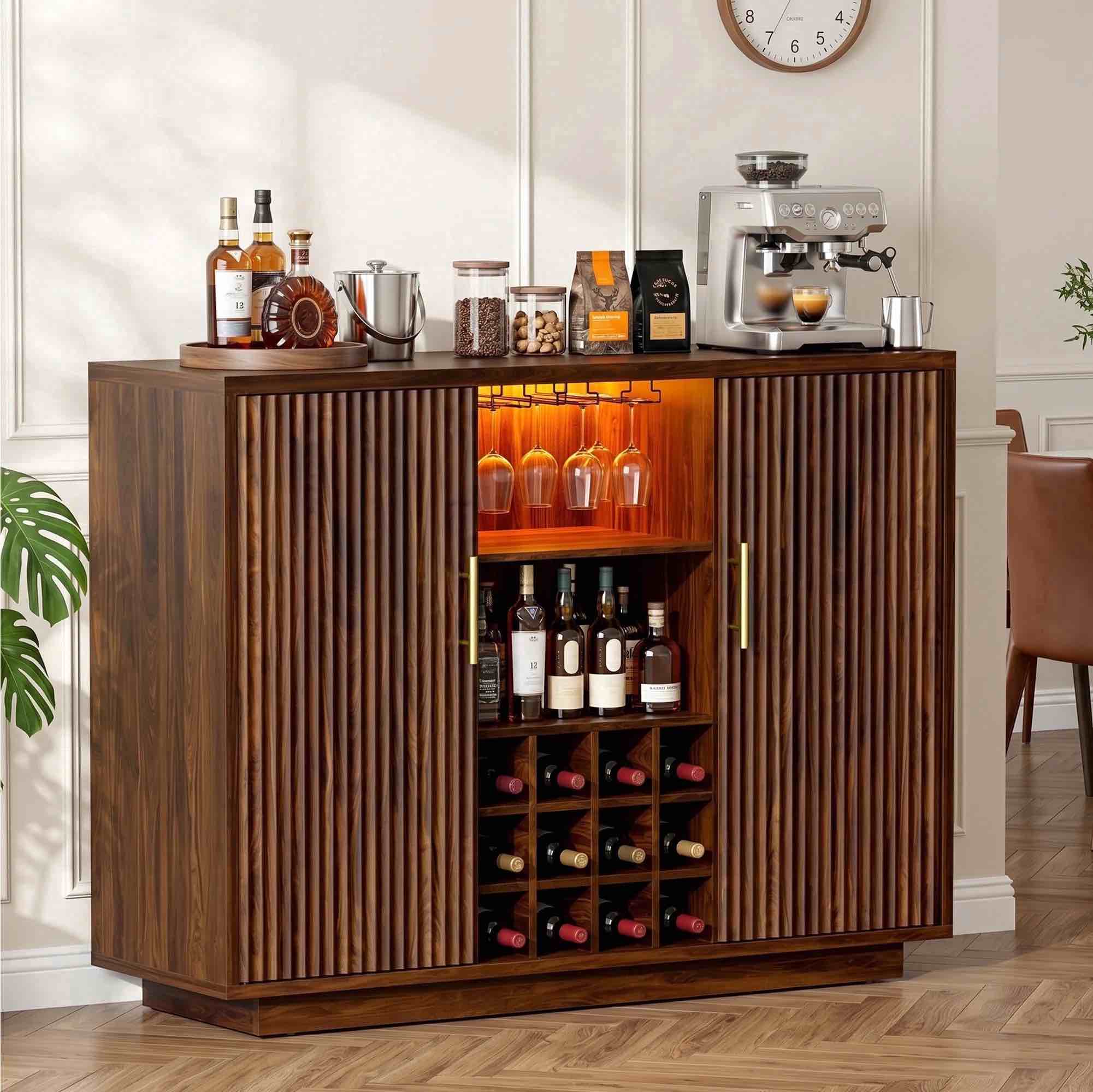 Biemlerfn RGB Wine Bar Cabinet with Built-in Charging Station, Modern Coffee Bar Cabinet with Wine Rack and Glass Holder, Fluted Liquor Cabinet with Storage for Home, Brown