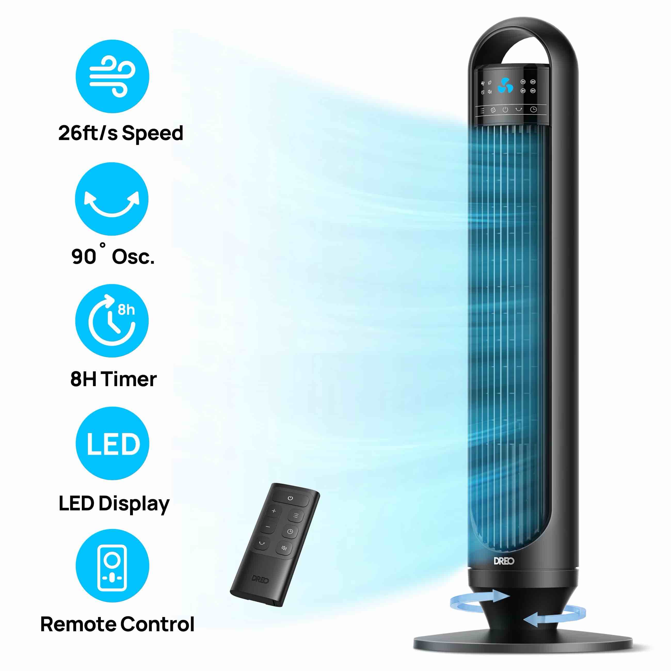 DREO Tower Fans for Home 32 Standing Floor Fan 26 ft/S Bladeless Fan 90° Oscillating 3 Modes 3 Speeds LED Display 8H Timer Quiet Room Fan