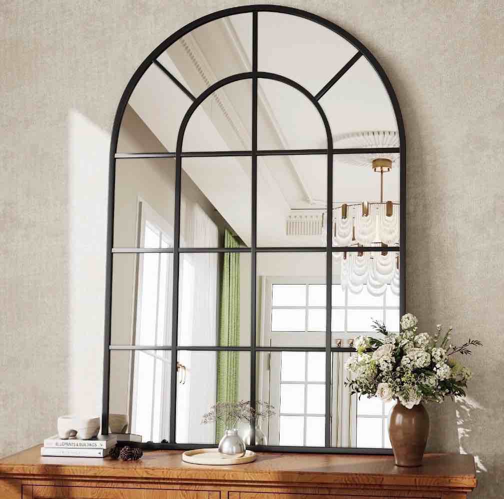 Beautypeak 36" X 24" Arched Windowpane Mirror Decor Wall Mirror, Black 24"W X 36"H