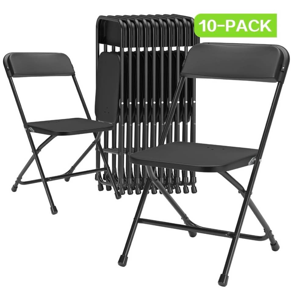 Capri Black Plastic Folding Chair 10 Pack with Steel Frame, Hold up to 350 lbs, Indoor Outdoor Portable Stackable Event Chair Commercial Seat for Dining Wedding Party Office Picnic Kitchen