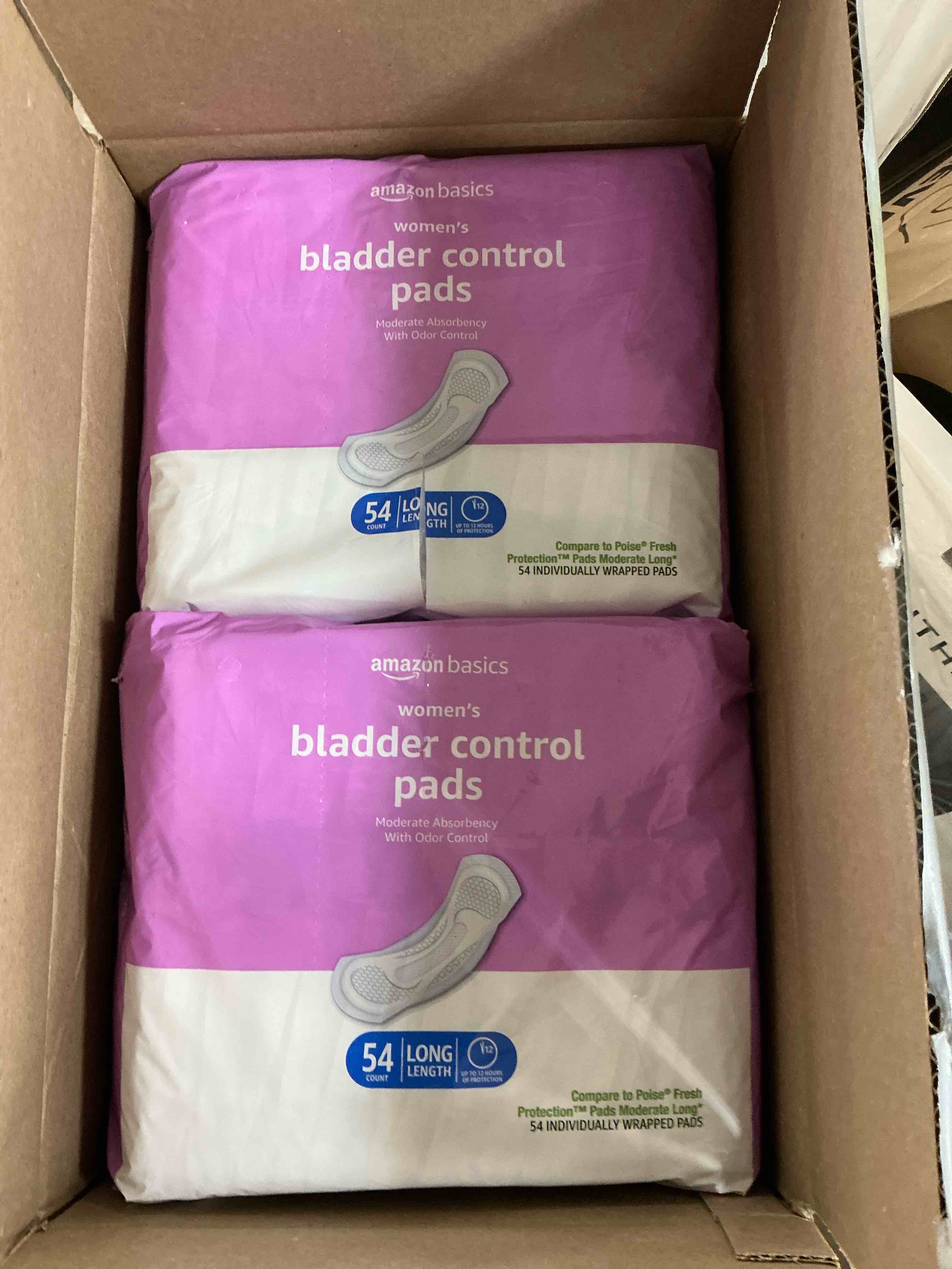 Condition photo showing Good Condition for amazon basics incontinence pads for women long, bladder control, postpartum, moderate absorbency, unscented, 108 count (2 packs of 54) moderate (108 count) 108.0