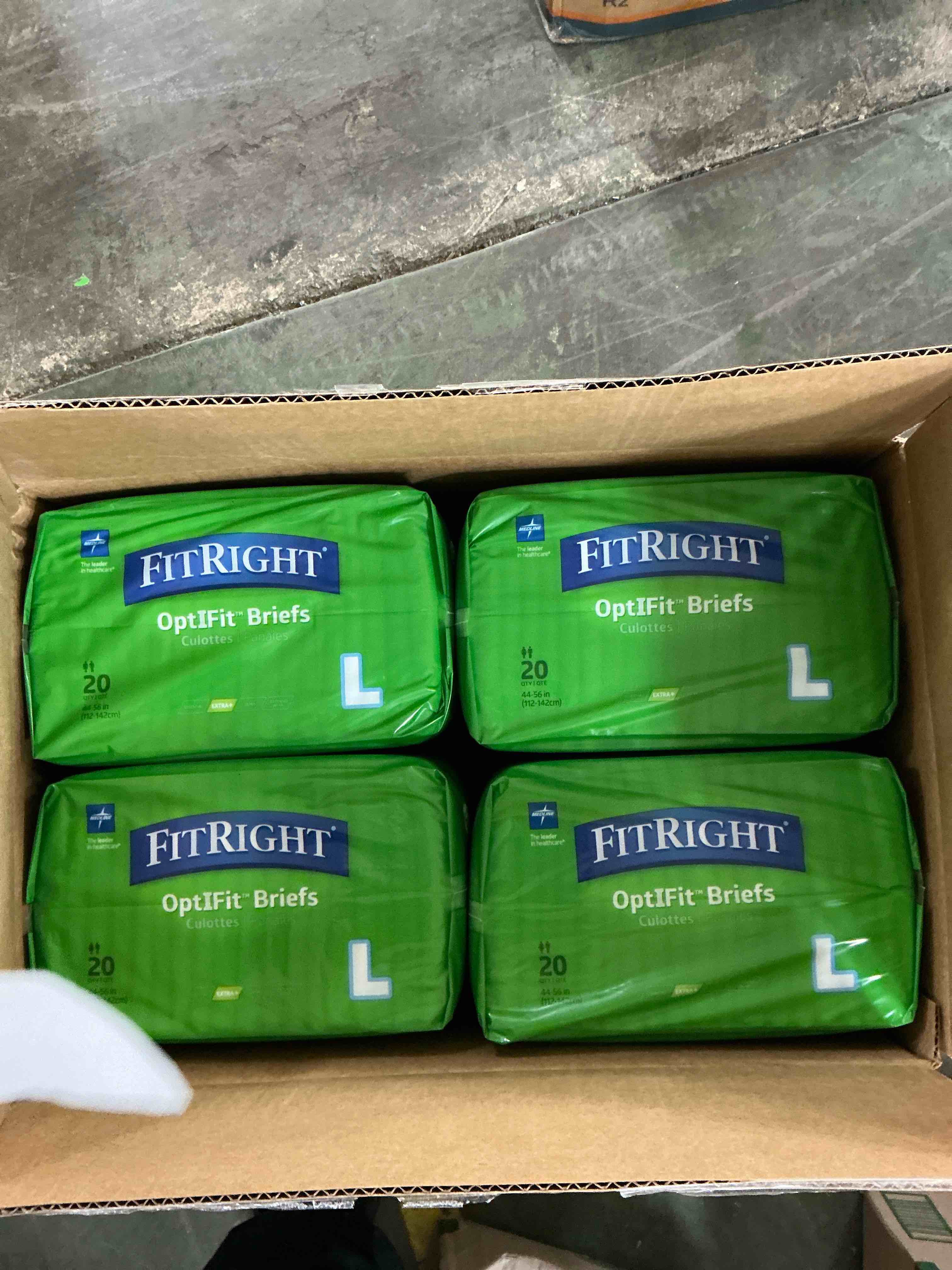 Condition photo showing New/Like New for fitright optifit extra+ briefs with leak stop guards adult disposable briefs with tabs large 48 -58 20 count