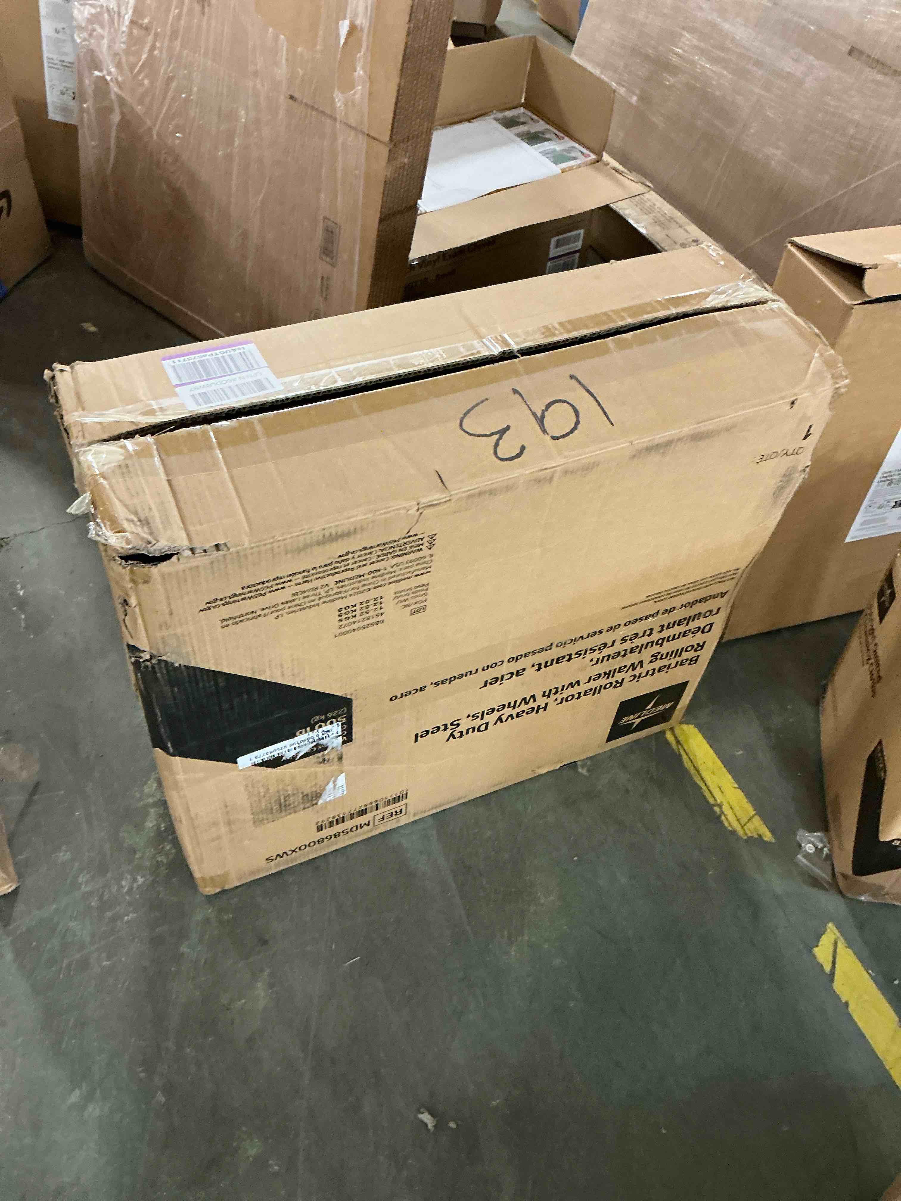 Condition photo showing New/Like New for medline large steel bariatric rollator walker with adjustable handles, padded seat & backrest, burgundy, 500 lb. weight capacity, foldable with storage, 8" wheels, rolling walker for seniors & adults