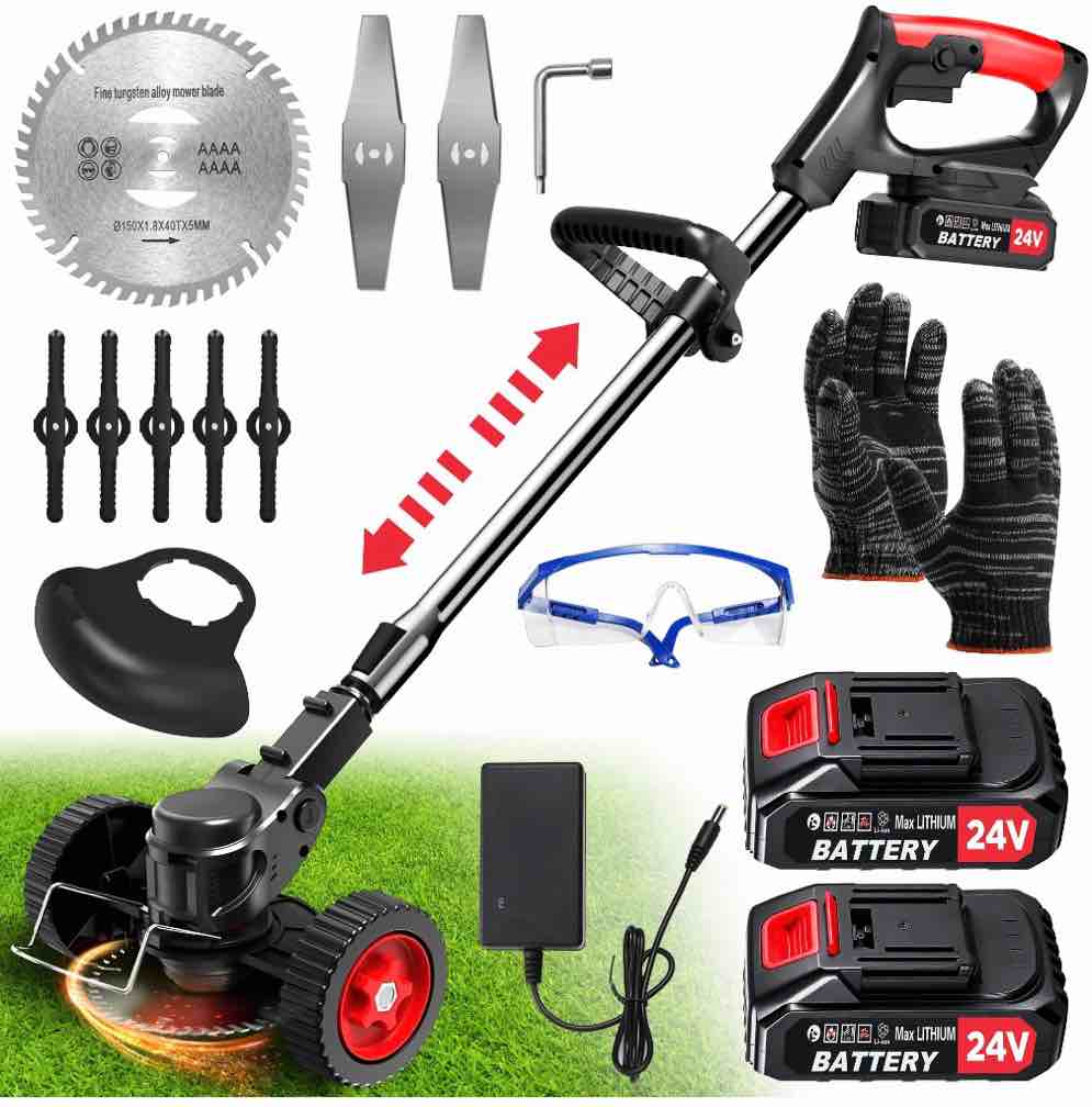 tntants electric weed wacker  cordless string trimmer with wheels  2pcs 24v batteries  3 types of blades  adjustable length  weed eater grass trimmer/edger/brush cutter for lawn yard garden (black)