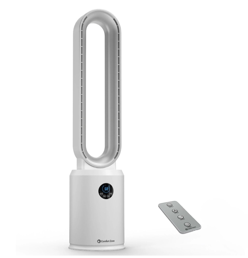 8.66 in. diameter, 40 in. tall 3 speed bladeless tower fan w/ oscillation, timer, and remote control in white and silver