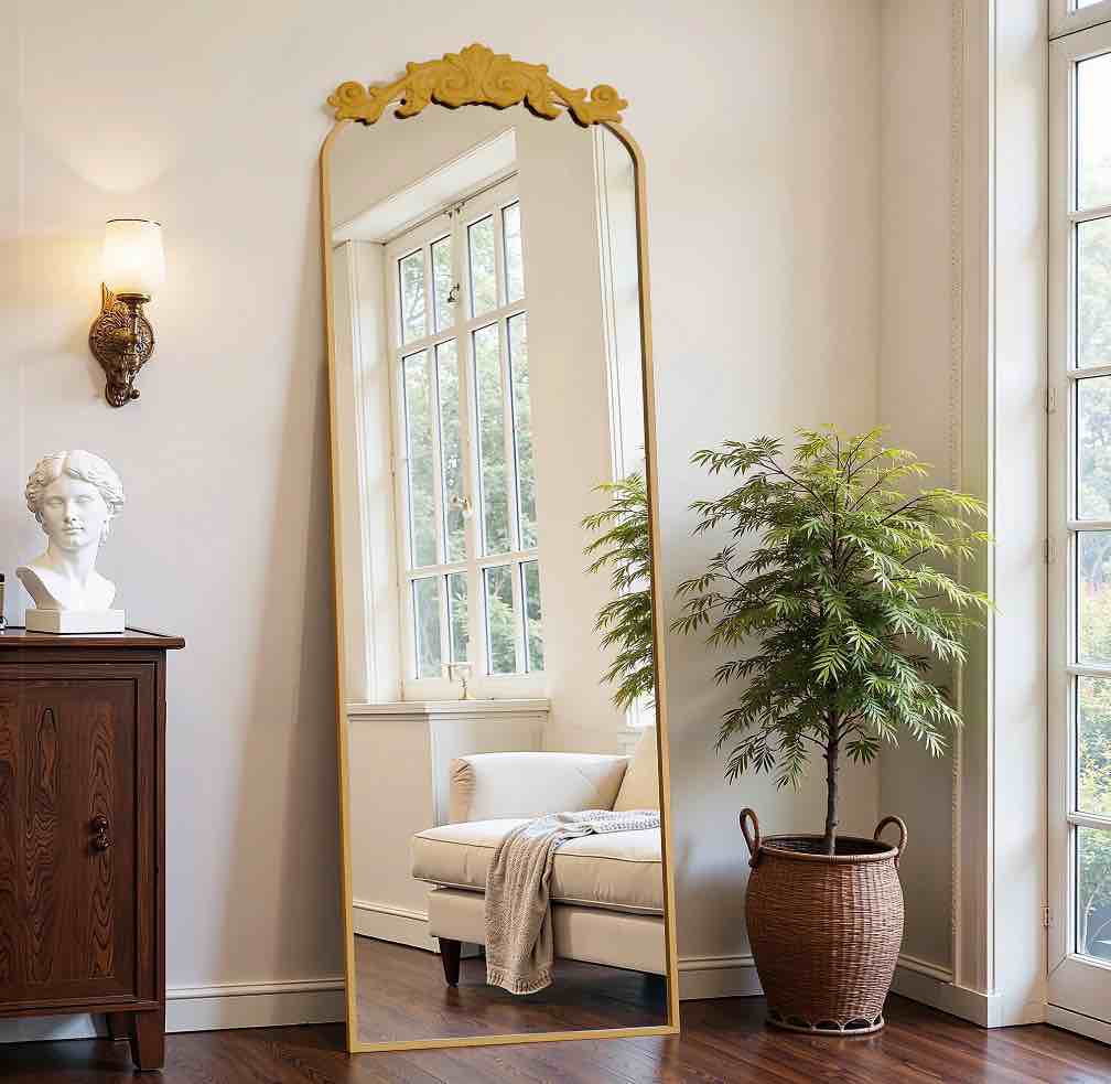 Antok 64 x21  Vintage Arched Full-Length Mirror with Carved Metal Frame  Baroque-Style Floor Mirror for Living Room  Bedroom  Entryway or Hallway Decor  Gold