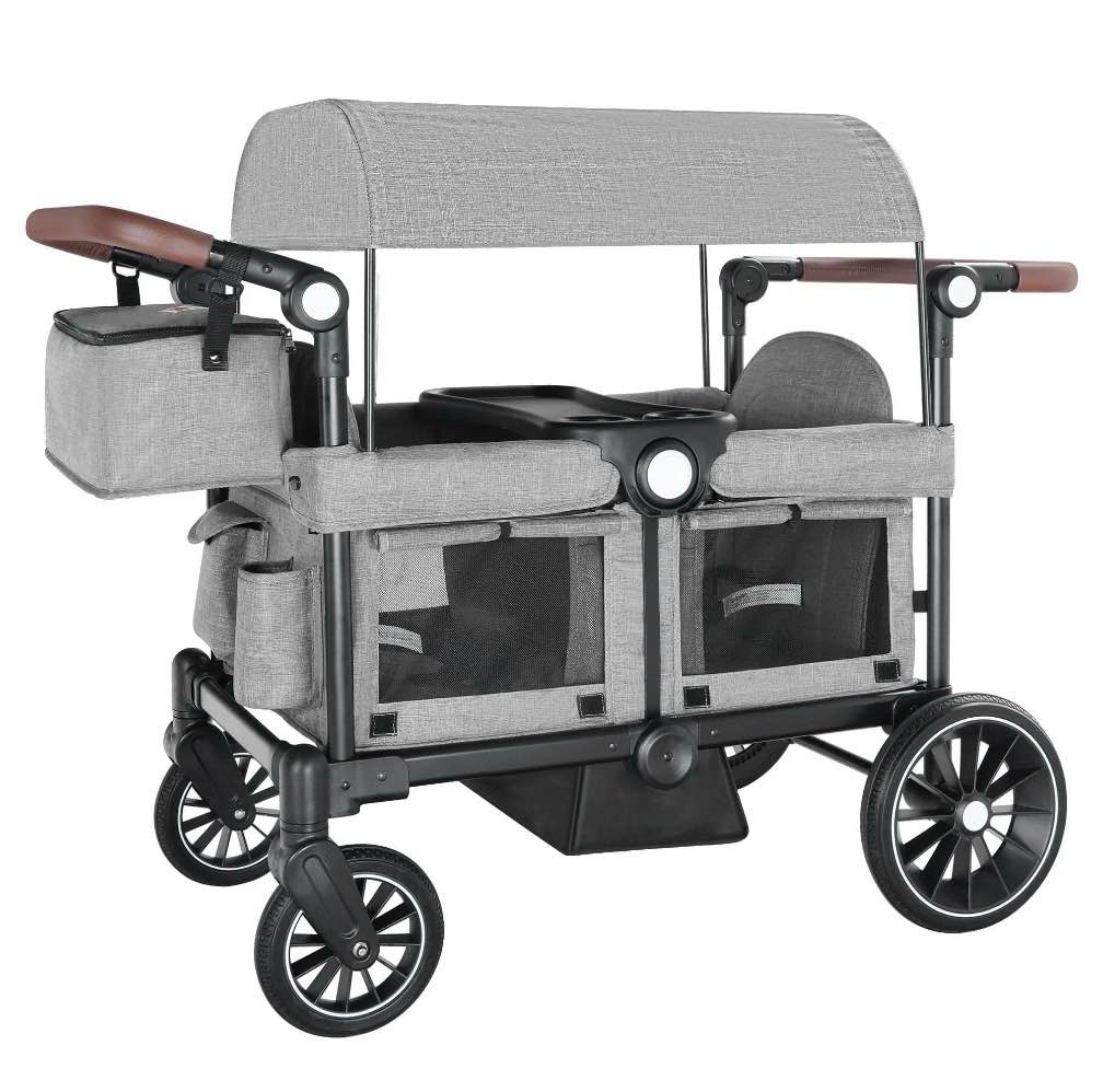 Aileekiss Collapsible Wagon Stroller For 2 Toddlers With Adjustable Canopy, 44 Pounds, Grey
