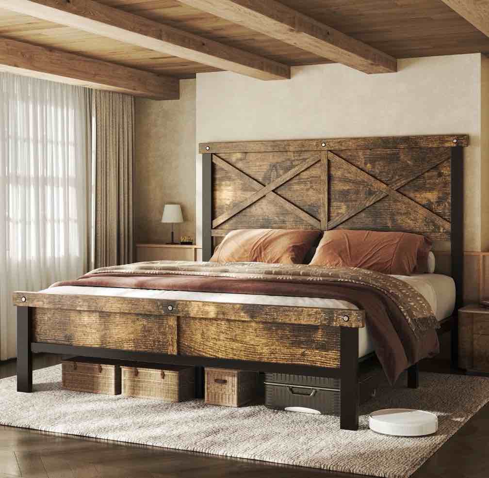 HOMRELEXA Farmhouse Bed Frame Queen Size with 51" Tall Headboard and Footboard, Platform Bed Frame, No Box Spring Needed, Brown