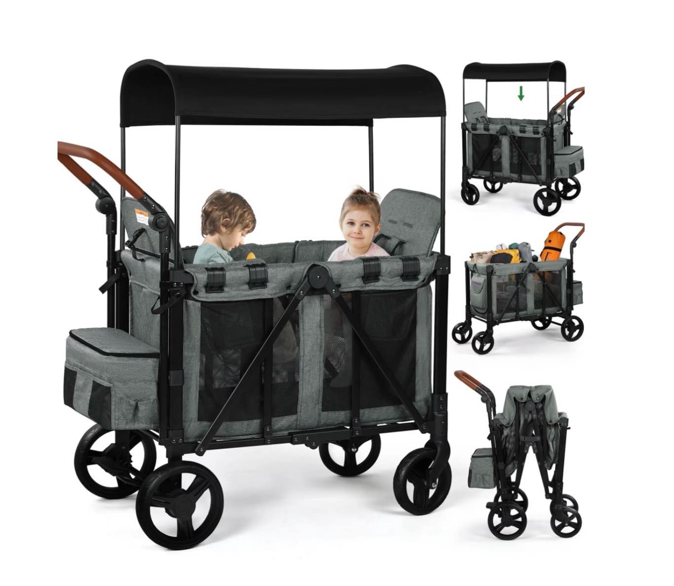 Vomeast Wagon Stroller for 2 Kids, 3-in-1 Outdoor Baby Stroller Wagon with Canopy, 5-Point Harness, Adjustable Handlebars, Removable Seat for Toddlers, Grey
