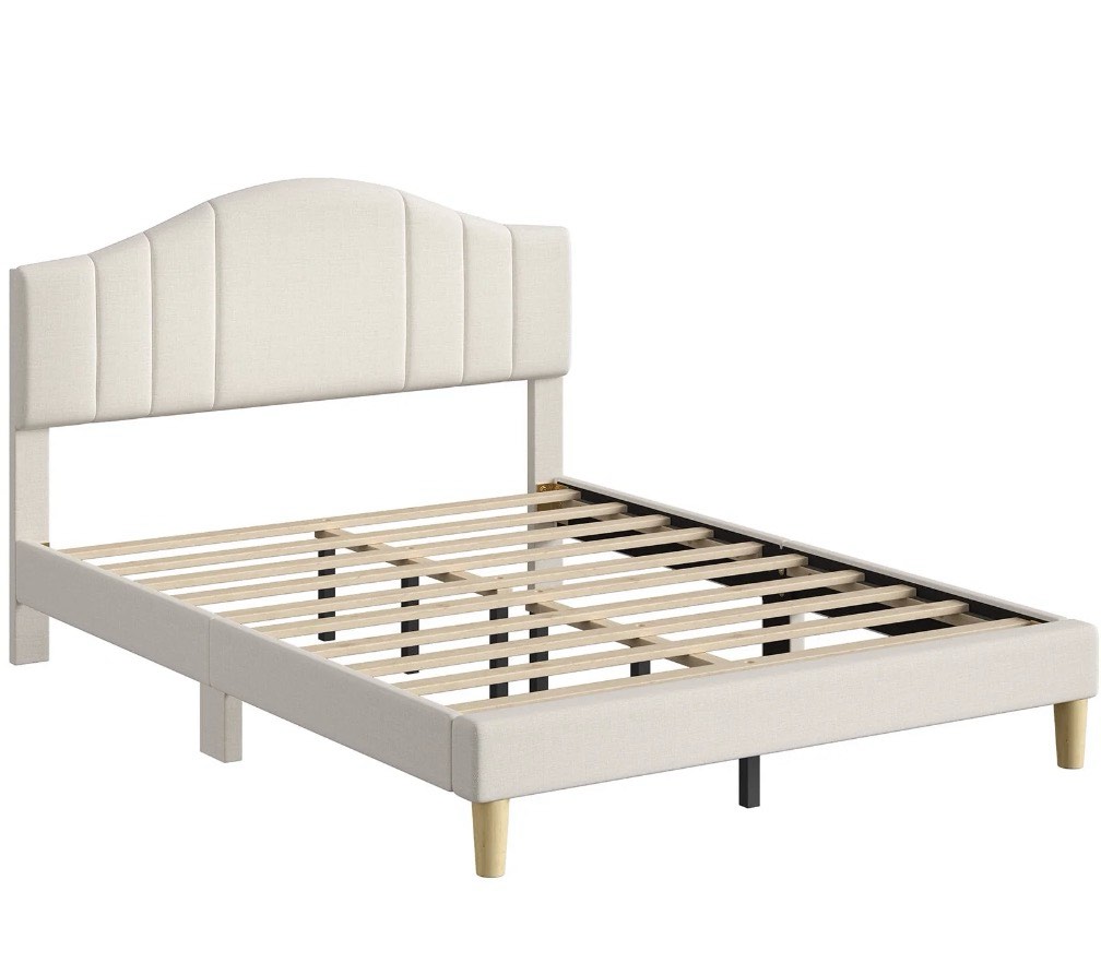 Pinmoco Queen Upholstered Bed Frame with Adjustable Arc-shaped Headboard, LED Platform Bed, Beige Fabric