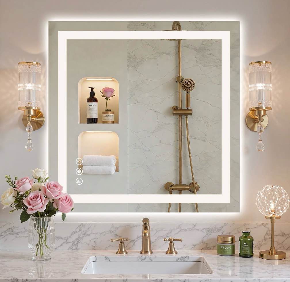 JIOABL LED Bathroom Mirror 36 x 36  with Stepless Dimmable Wall Mirrors with Anti-Fog  Vanity Mirror with 3 Color Modes  Shatter-Proof  Bathroom Mirror with LED Lights