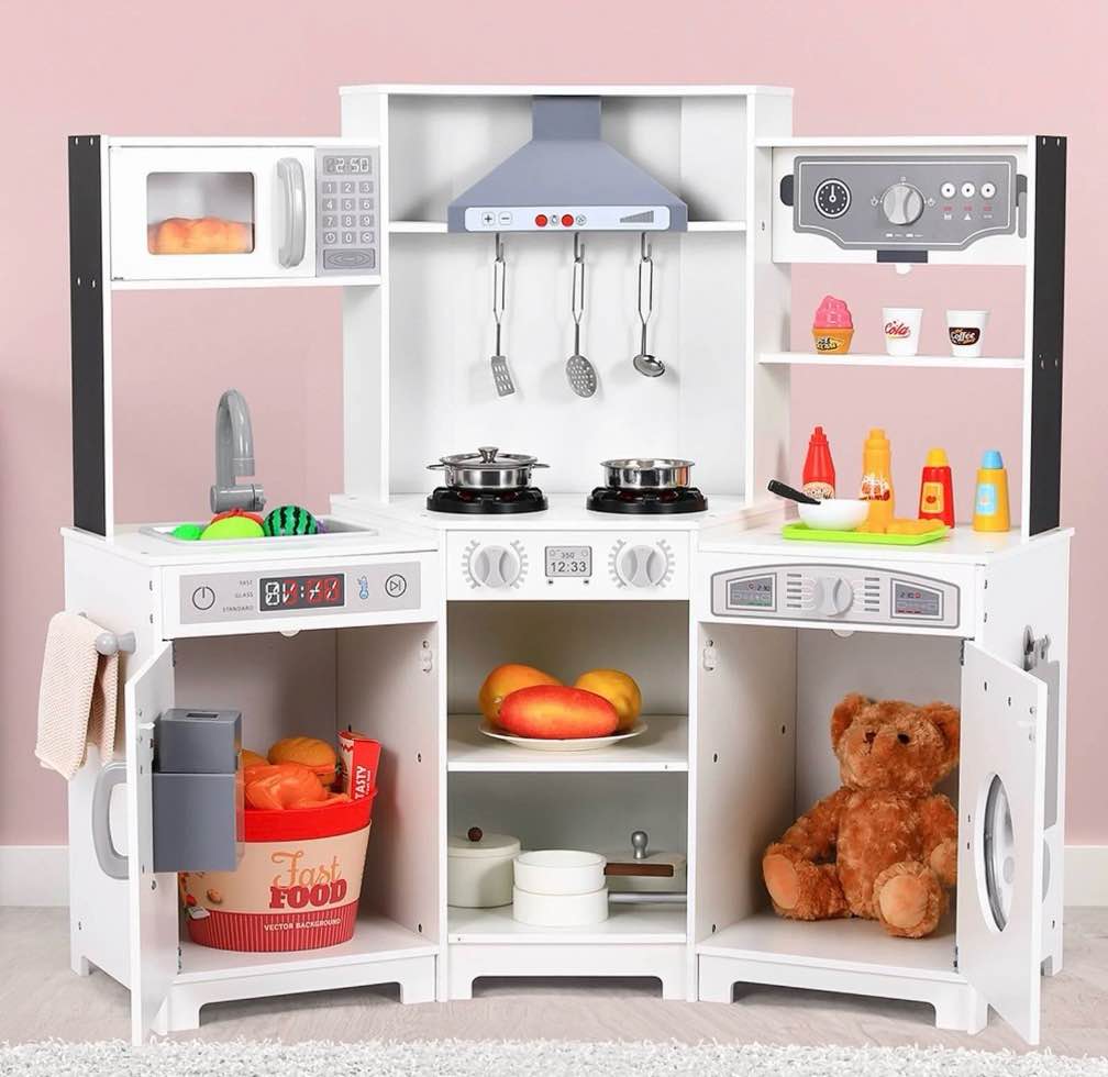 Pirecart Kids Corner Play Kitchen Wooden Cooking Pretend Playset W/ Realistic Lights & Sounds, Water Dispenser, Microwave Oven & Cooking Accessories, Birthday Gift for Girls and Boys Age 3+, White