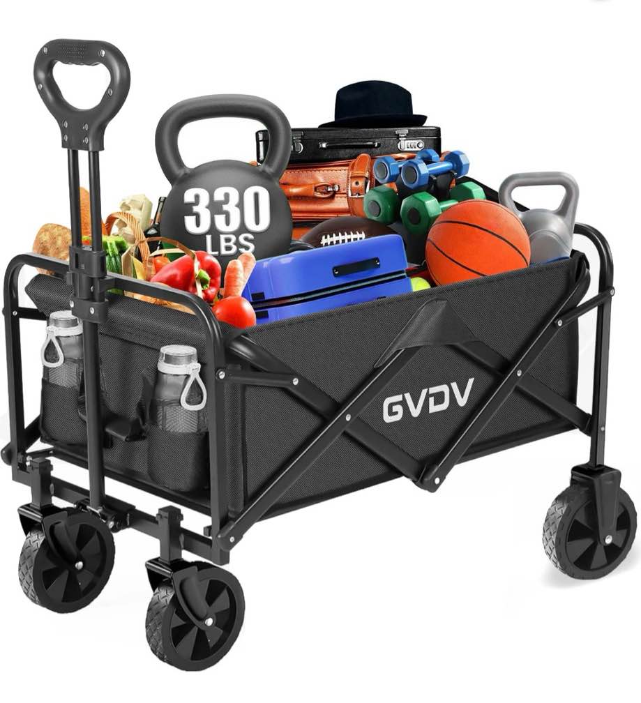 GVDV Collapsible Wagon Cart, Portable Utility Wagon for Camping, Beach, Picnic, Shopping, Sports, and Grocery Transport, Black