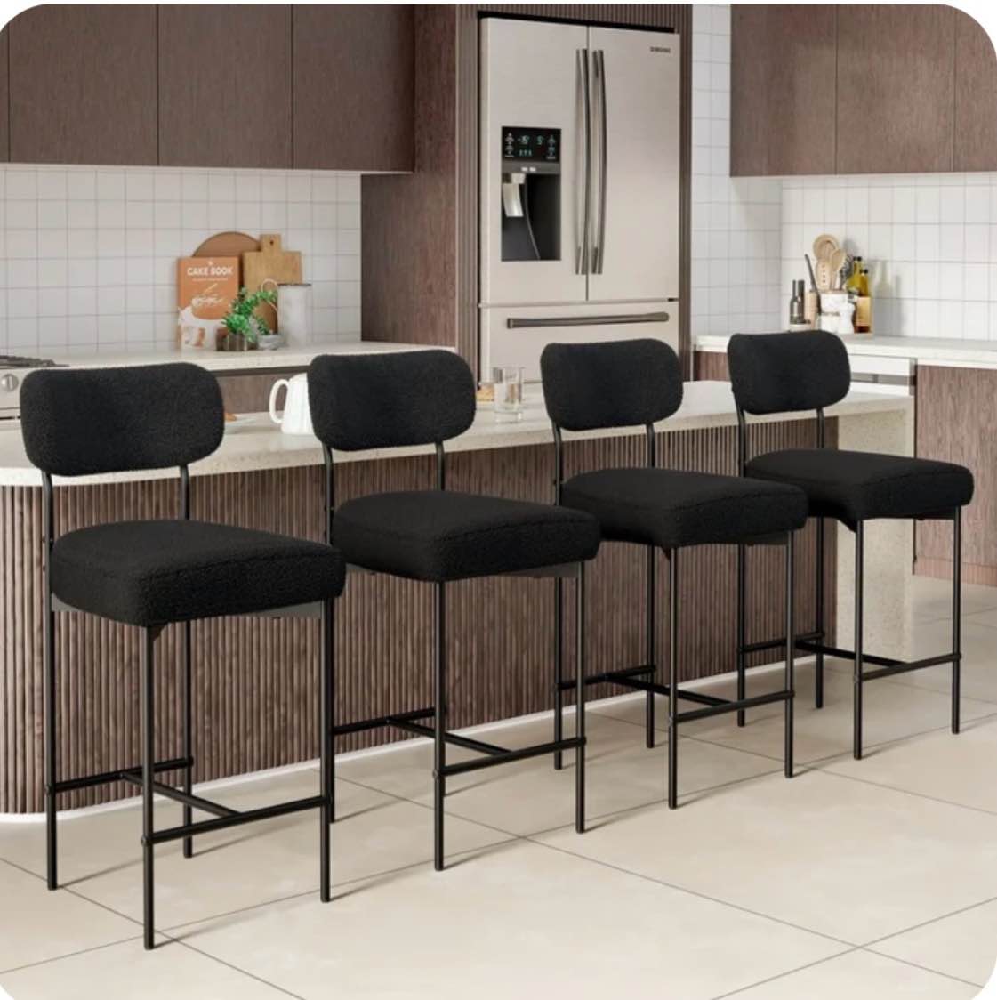 Hommpa Bar Stools Set of 4 with Back & Footrest 26" Counter Height Barstools Boucle Bar Chairs Modern Pub Chairs Black Plush for Kitchen Island Bistro Coffee Shop Mid Back