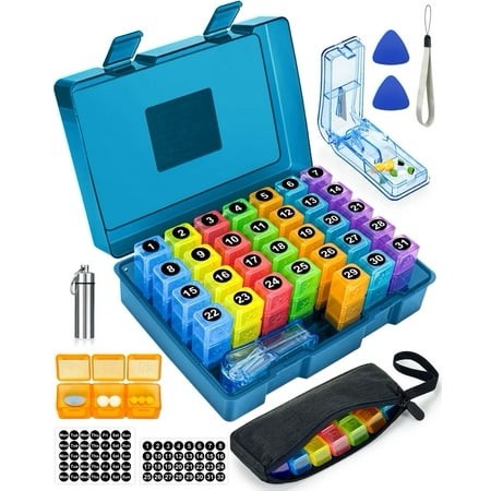 monthly pill organizer 3 times a day medicine box with portable weekly pill bag keychain pill case pill cutter and 2 sticker (blue 3 times a day)