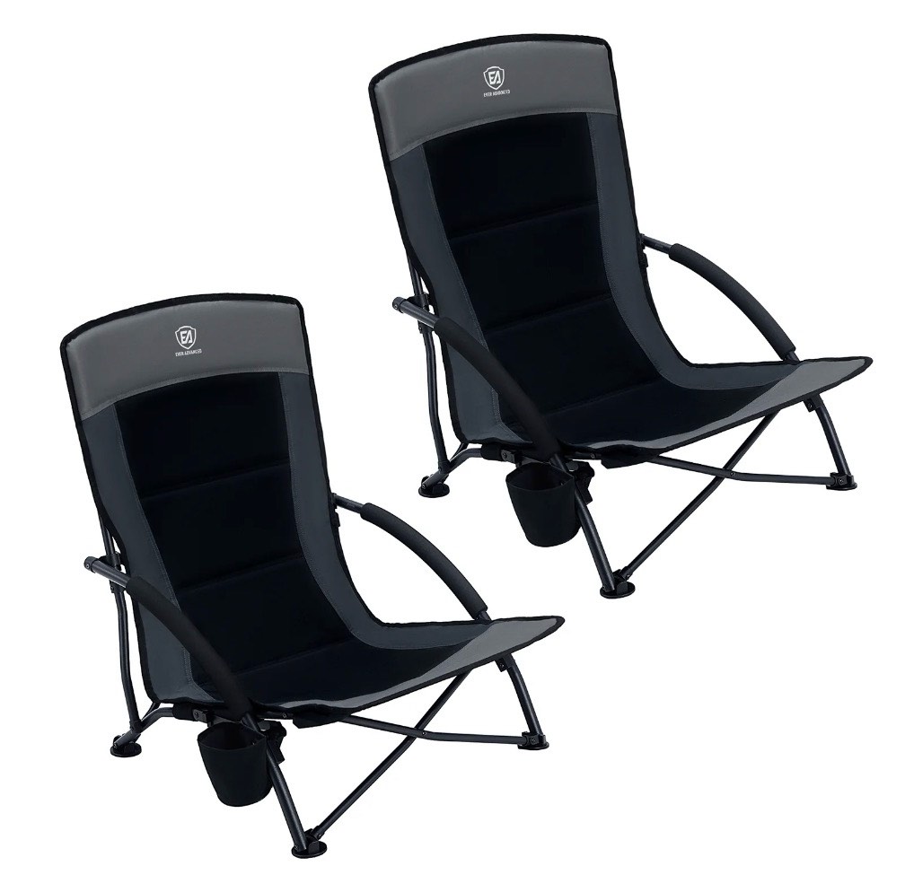 ever advanced 2 pack low beach chairs, lightweight folding portable chairs heavy duty high back support 350lbs for adults with cup holder carry bag for camping sand lawn travel picnic concert, black