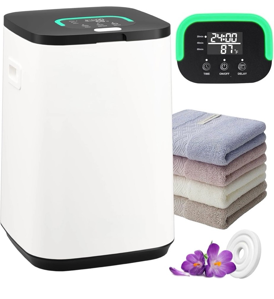 behome tower warmer, 23l large hot towel warmers bucket with led display, auto shut off, child lock, heat timer 20/40/60 min adjustable, for hot tub, bathroom, spa, white