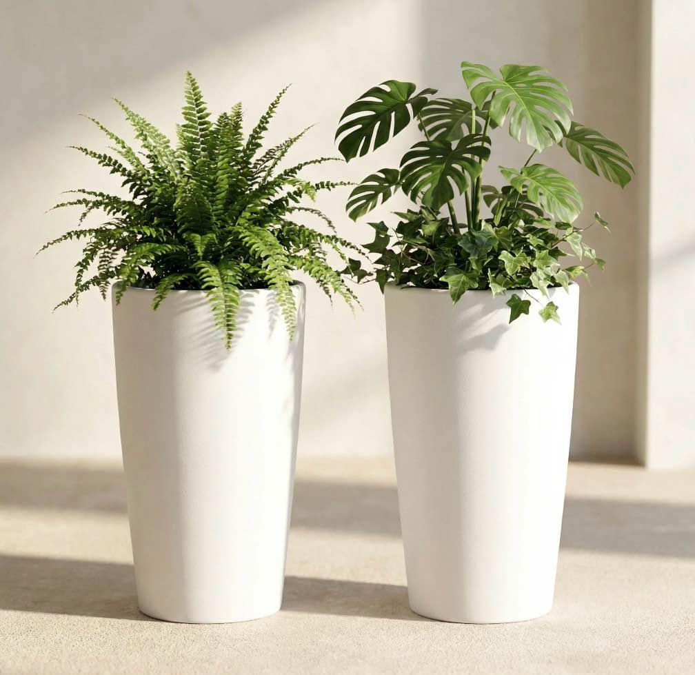 snugniture set of 2 round 22-inch tall planters, white – large indoor/outdoor pots with drainage, matte frosted finish