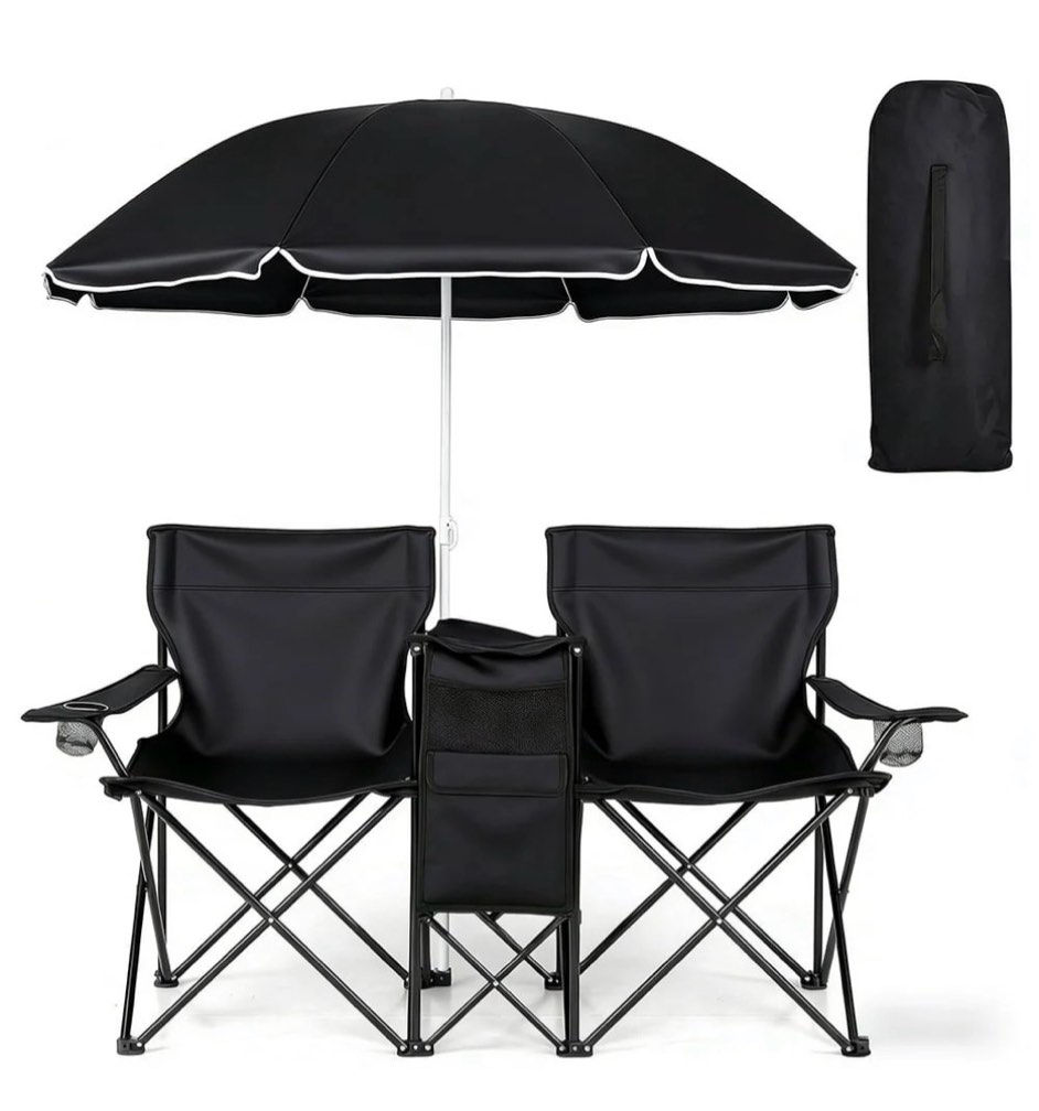 cowin outdoor foldable picnic double chair ,camping chairs with umbrella camping double portable chairs folding beach chair with insulation bag,backpacking black
