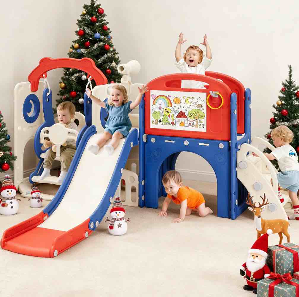 bobiber xl 11 in 1 toddler slide playset for kids, indoor/outdoor toddler playground for ages 1-4 (blue/red)