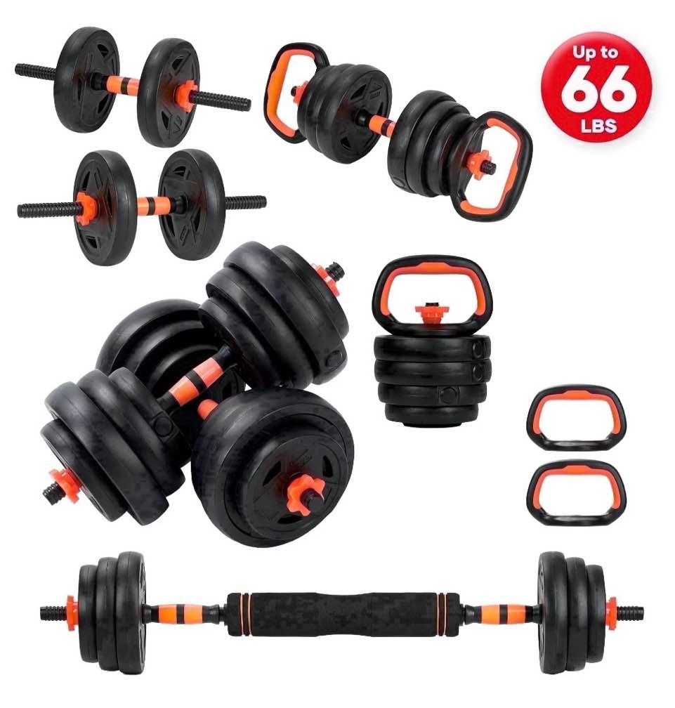 naipo 66lb dumbbell set 5 in 1 adjustable changeable with connector dumbbells barbells kettlebell push up stands for home gym exercises men women