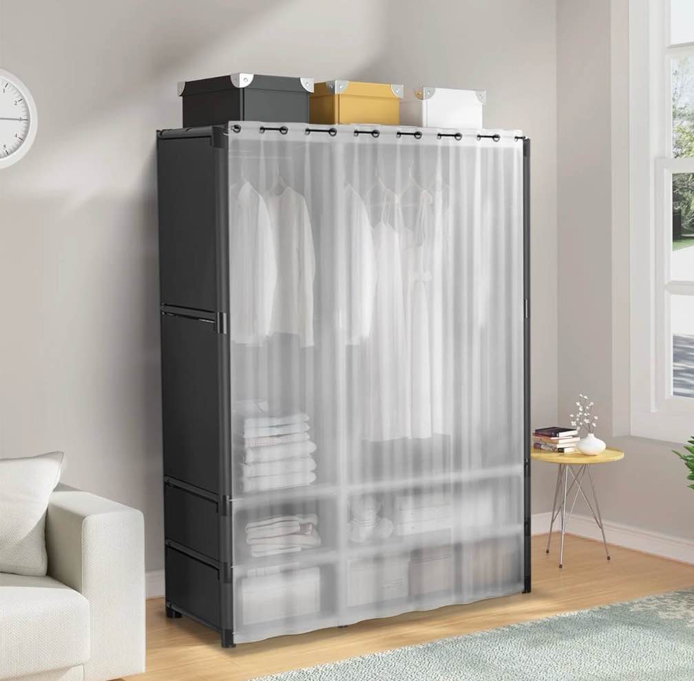 portable closet brochao large portable wardrobe with 2 hanging aera & 4 storage shelves sturdy clothes storage cabinet with curtain for living room clothes room black