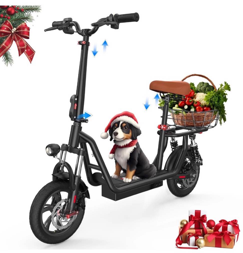 iscooter 500w electric scooter with seat for adult, 12" commuter e-scooter up to 23 miles 15.5 mph with dual shock absorbers and basket
