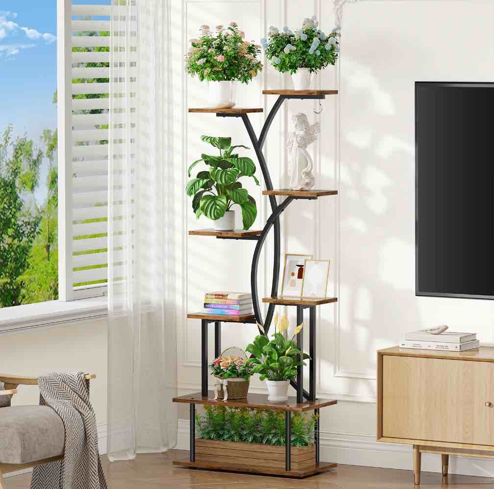 plant stand with grow lights, biemlerfn 67" tall plant shelf indoor, 8 tier display rack, tree-shape metal flower holder for home living room office, brown